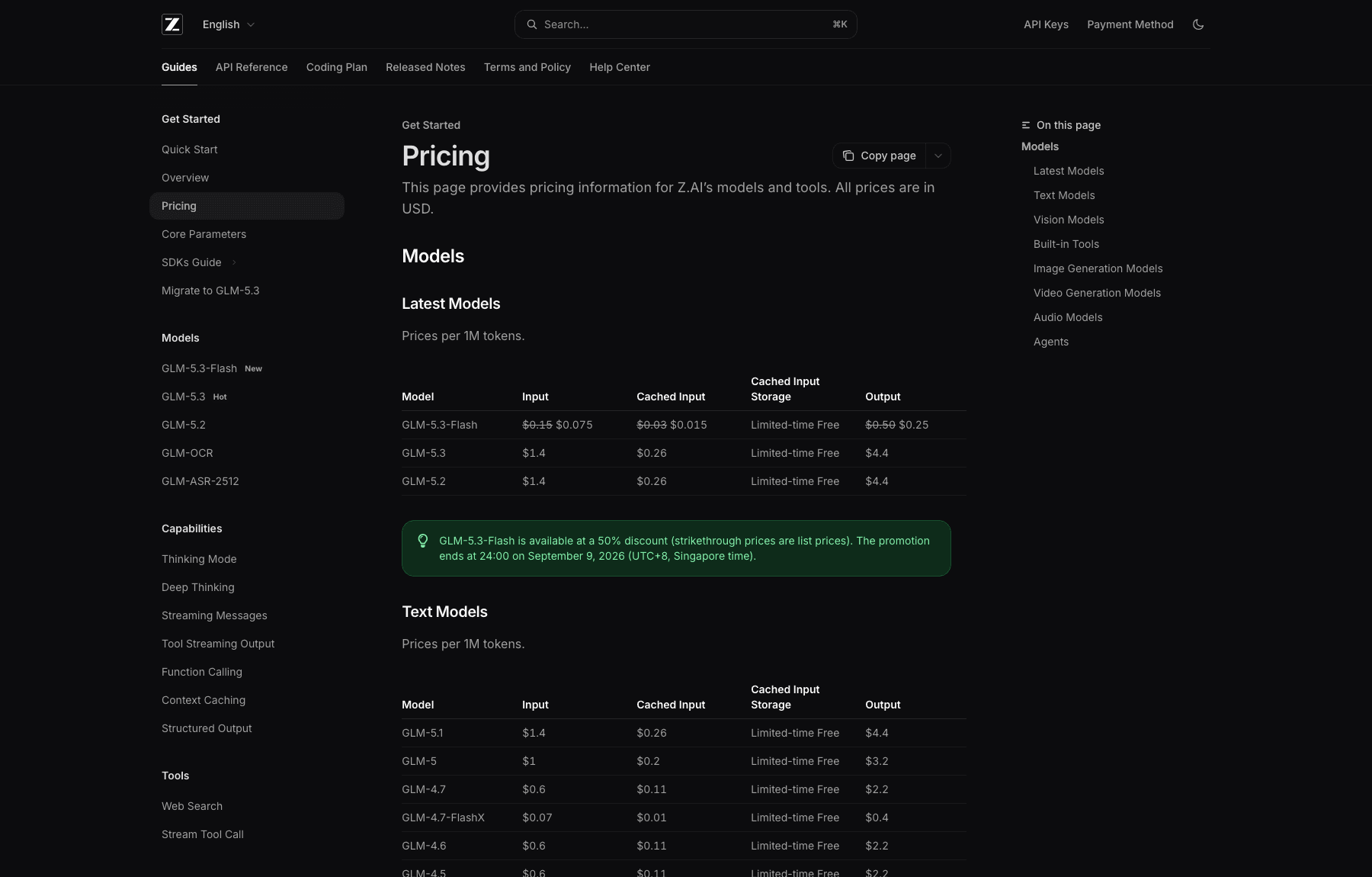 Z.ai's own pricing documentation on 7 September 2026, listing GLM-5.2 at $1.4 input, $0.26 cached input, $4.4 output, with no free inference tier for 5.2