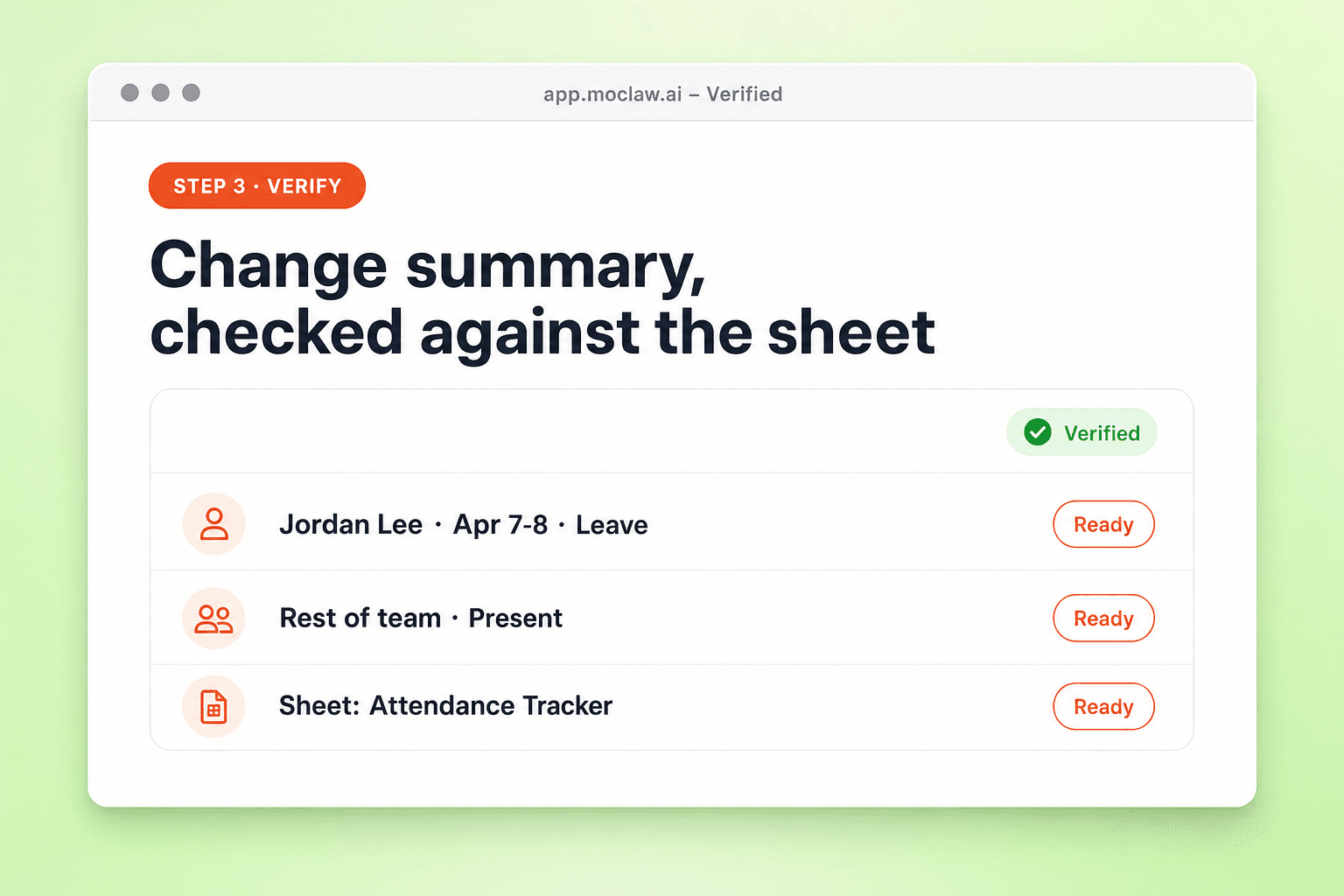Step 3: verified change summary checked against the attendance tracker sheet