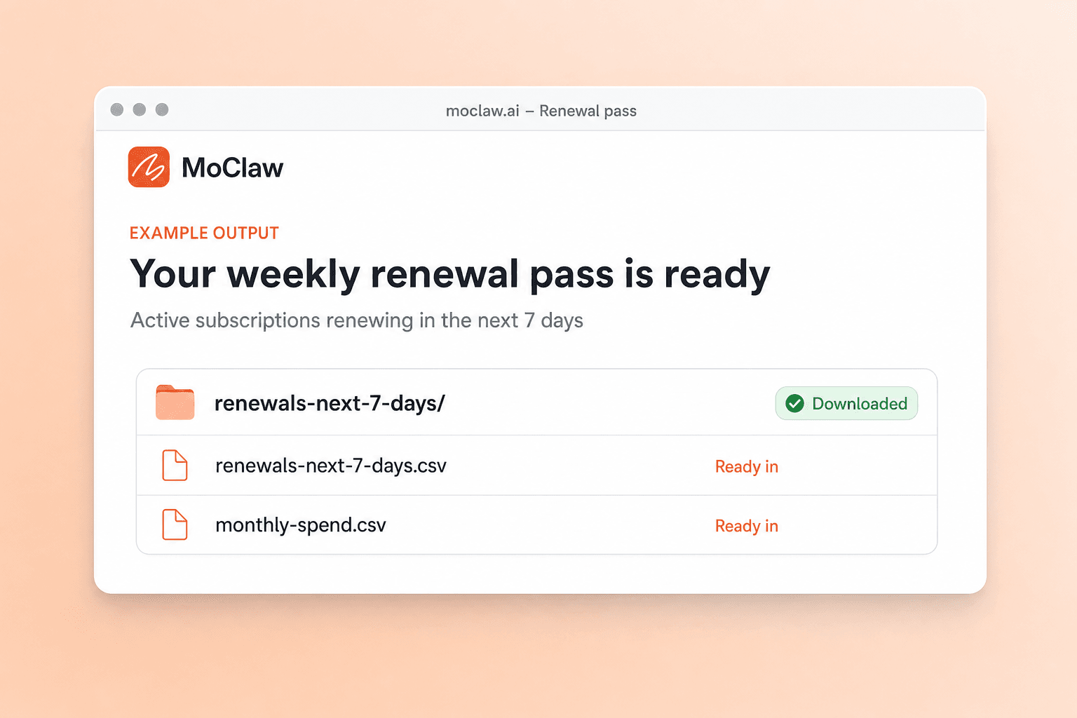 Weekly renewal pass output listing Active subscriptions renewing in the next seven days with amounts