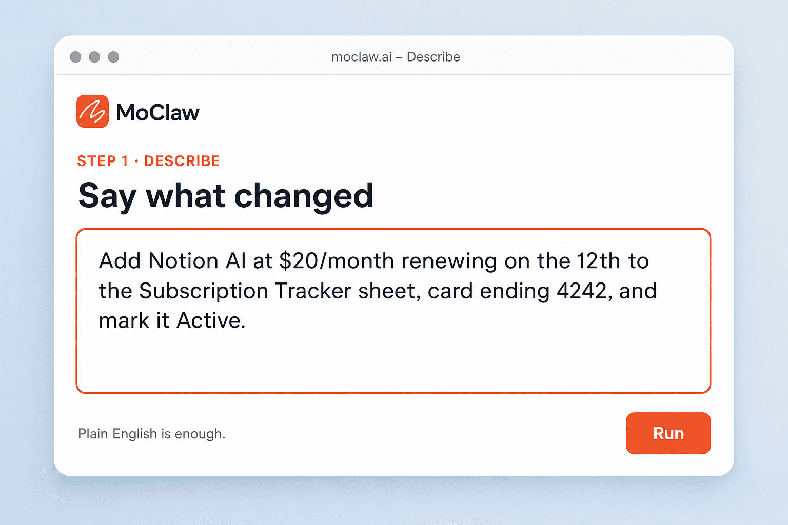 Step 1: describe a new subscription or price change in plain English