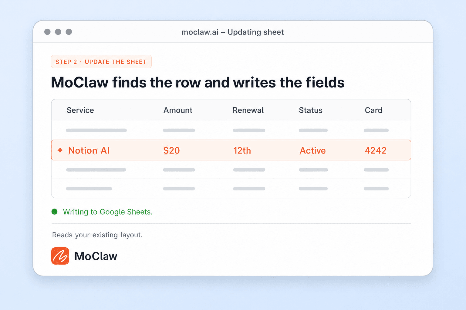 Step 2: MoClaw writing service, amount, and renewal fields into the subscription tracker sheet