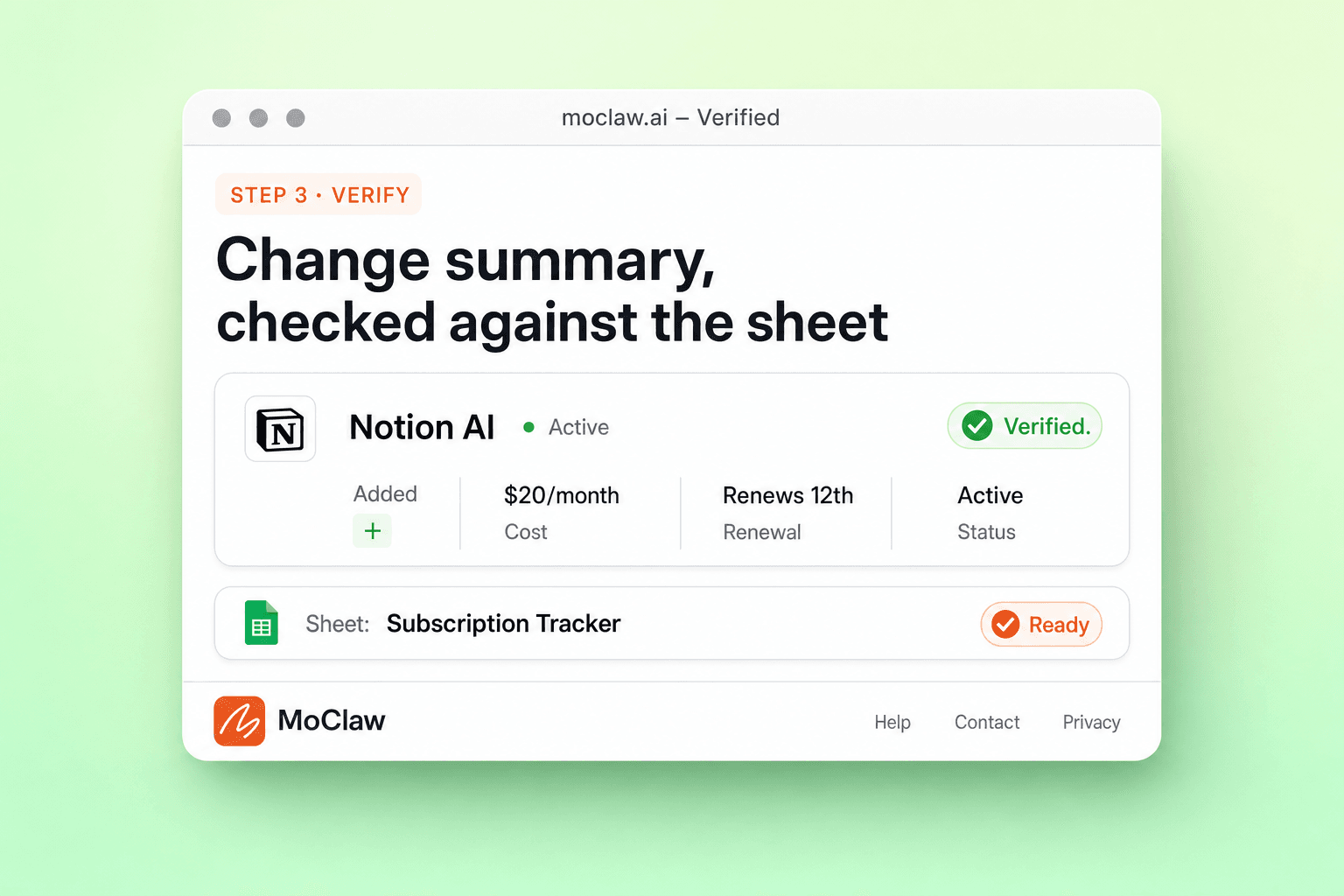 Step 3: verified change summary checked against the subscription tracker sheet