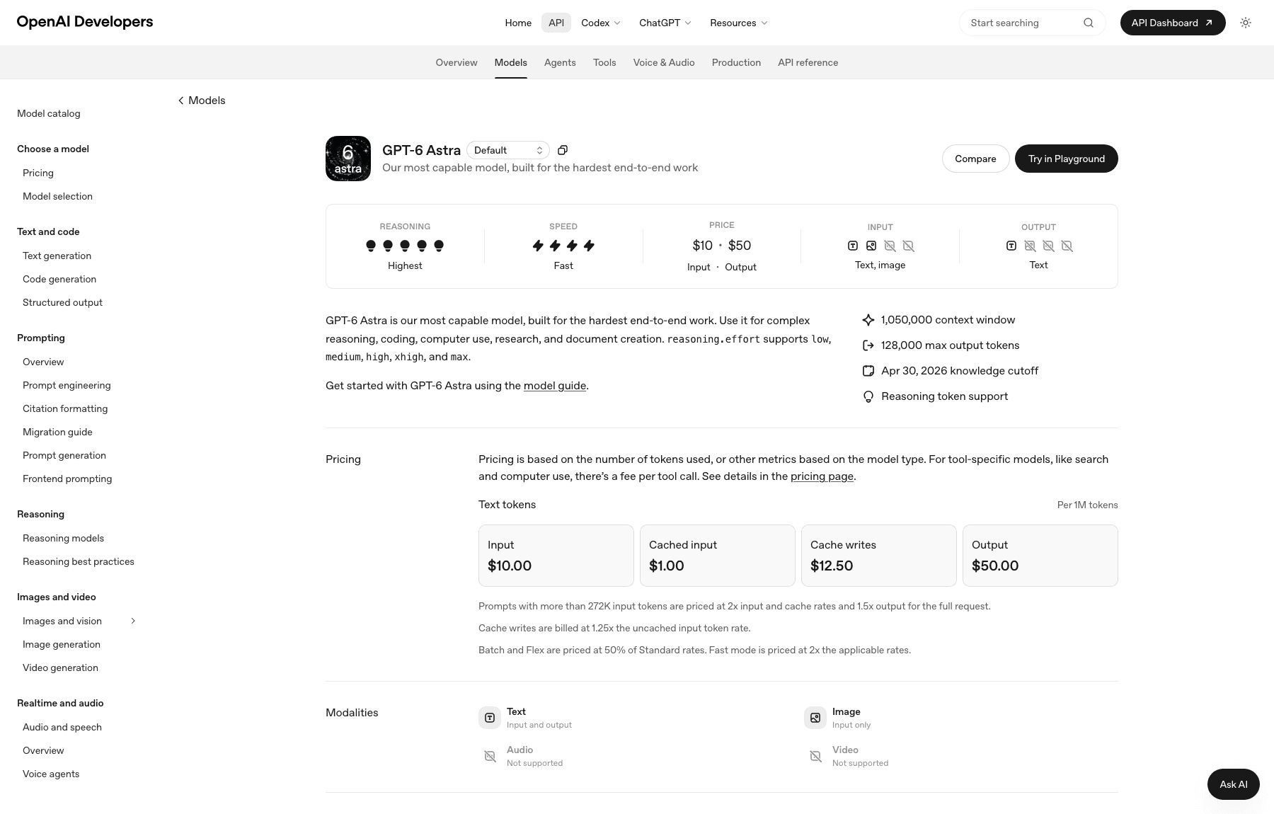 OpenAI's developer documentation for GPT-6 Astra on 7 September 2026, showing $10 input, $1 cached input, $12.50 cache writes and $50 output per 1M tokens, with the 272K re-rating rule printed underneath