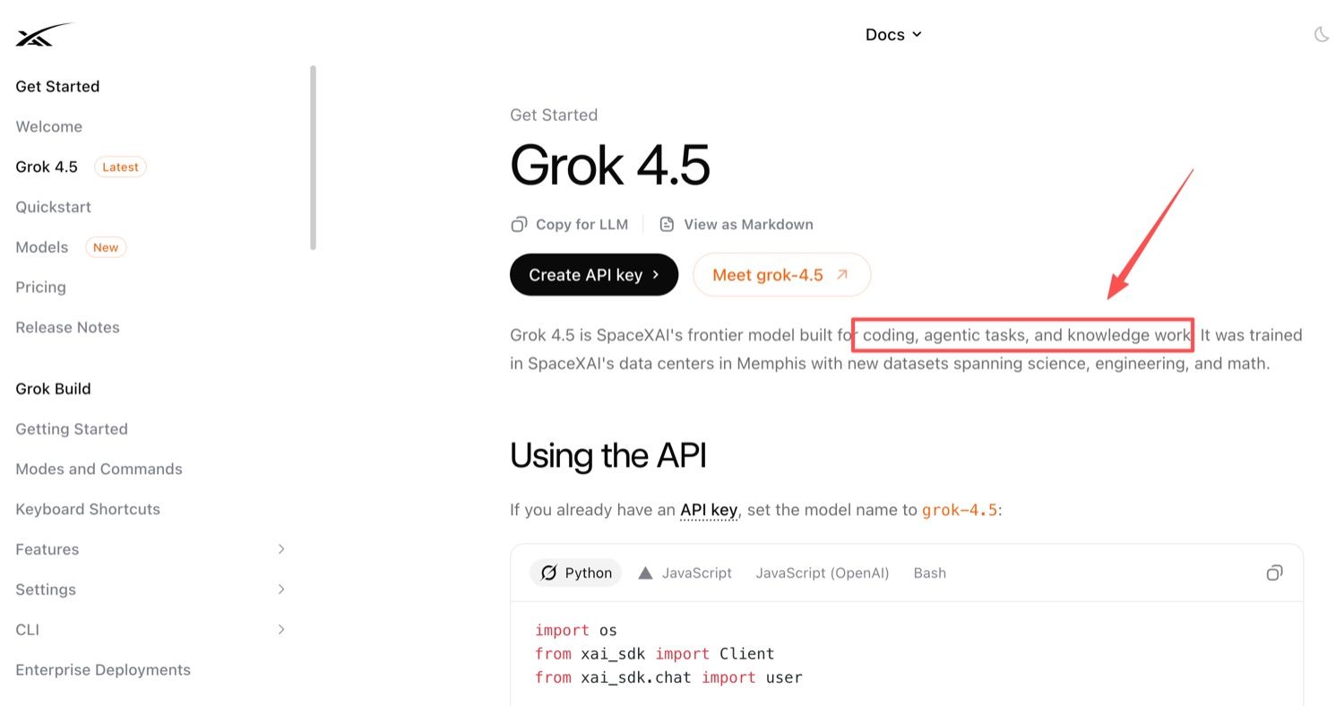 xAI's own docs position grok-4.5 for coding, agentic tasks, and knowledge work