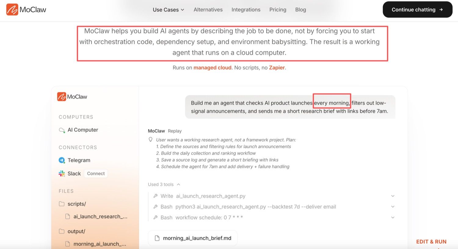 A MoClaw run turning one plain-language instruction into a scheduled research agent with a visible tool log