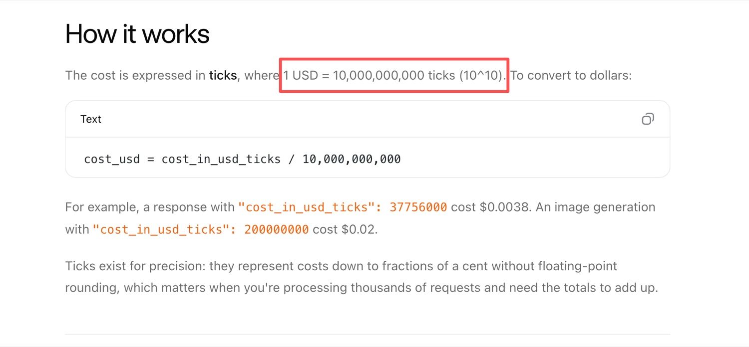 xAI cost tracking documentation showing cost_in_usd_ticks and the conversion of 1 USD to 10,000,000,000 ticks