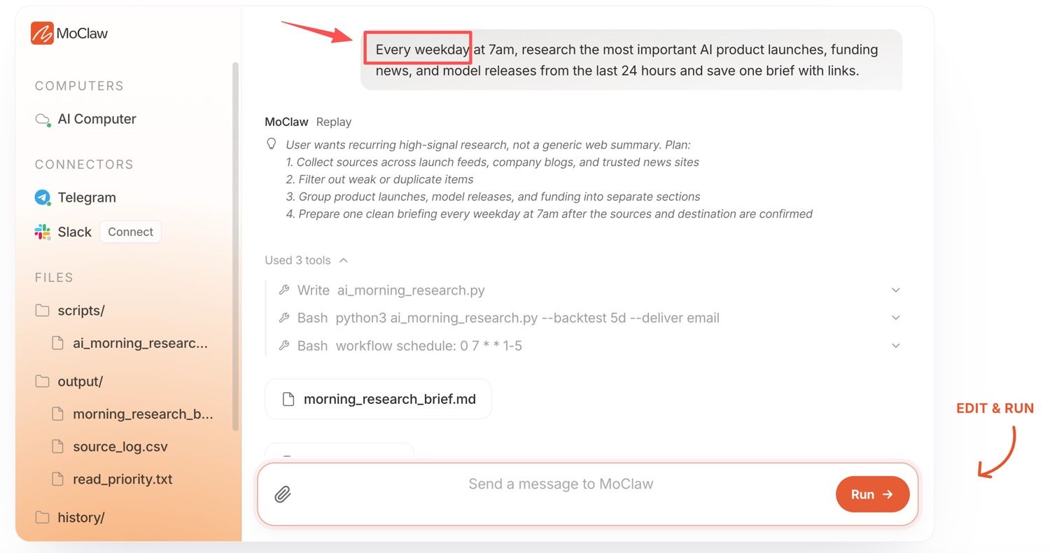 MoClaw cloud AI computer scheduling a recurring weekday research brief with a written plan, tool calls, and saved output files