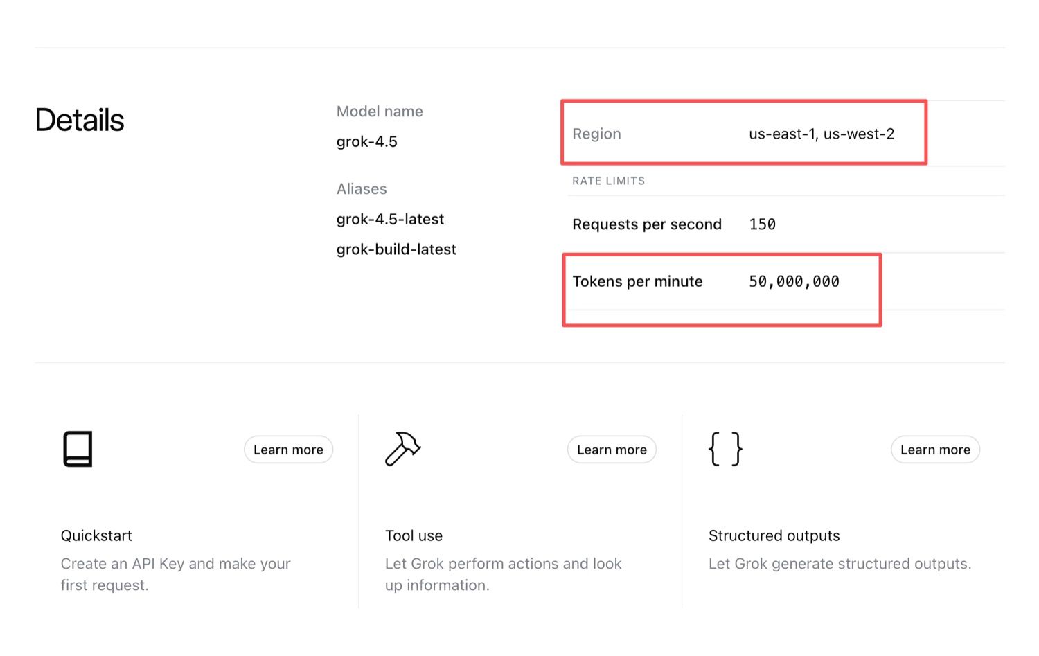 xAI model details page showing the grok-4.5 model name, us-east-1 and us-west-2 regions, and a 50,000,000 tokens-per-minute rate limit