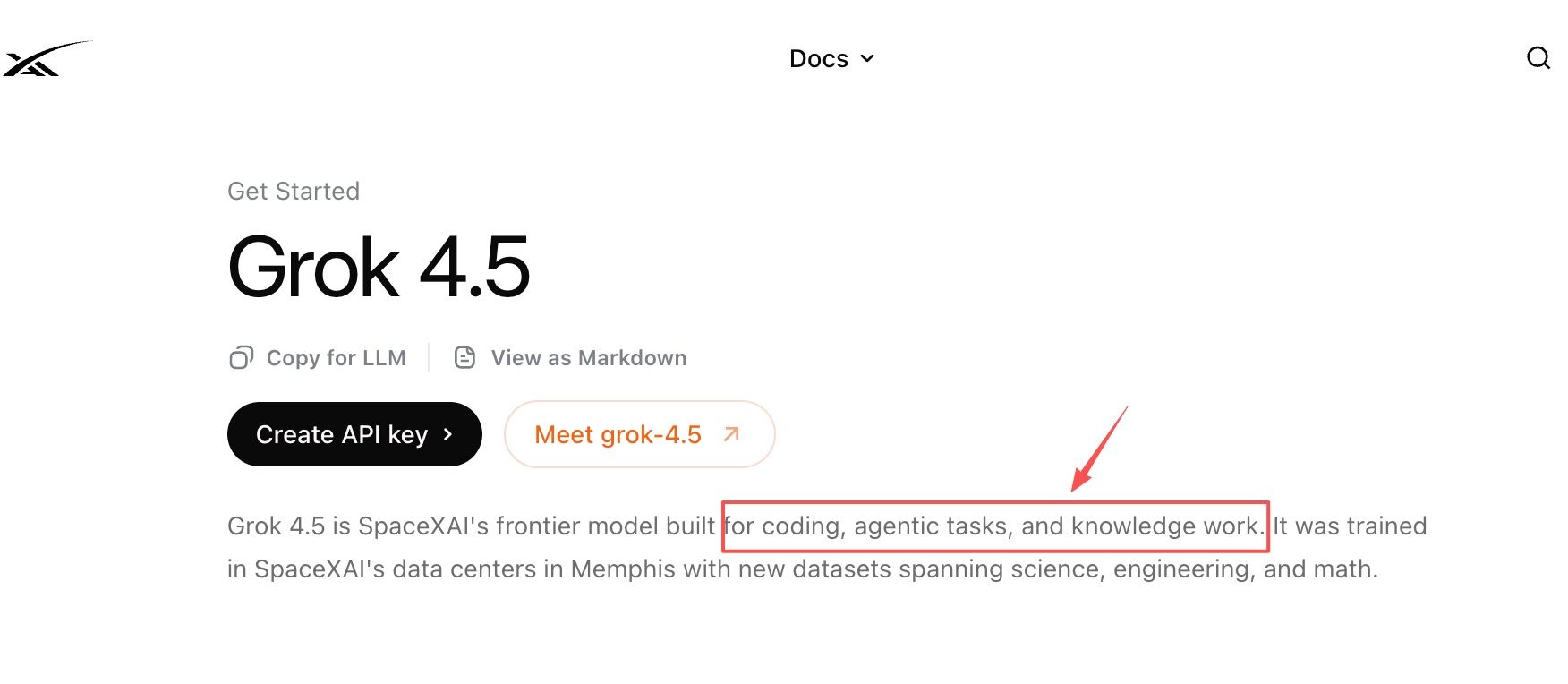The SpaceXAI docs page describing Grok 4.5 as a frontier model built for coding, agentic tasks, and knowledge work