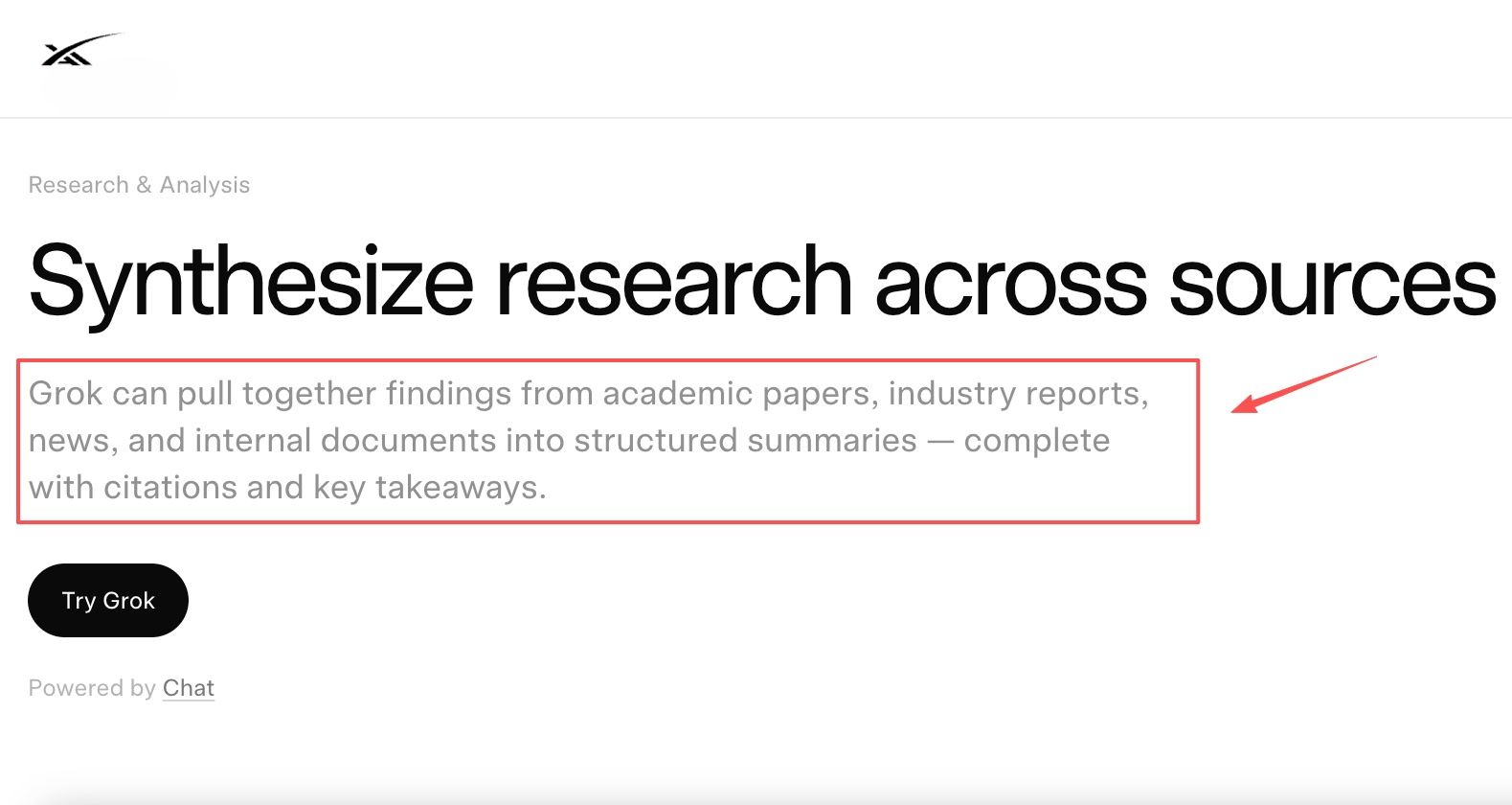 SpaceXAI's research synthesis use case page, describing structured summaries with citations and key takeaways