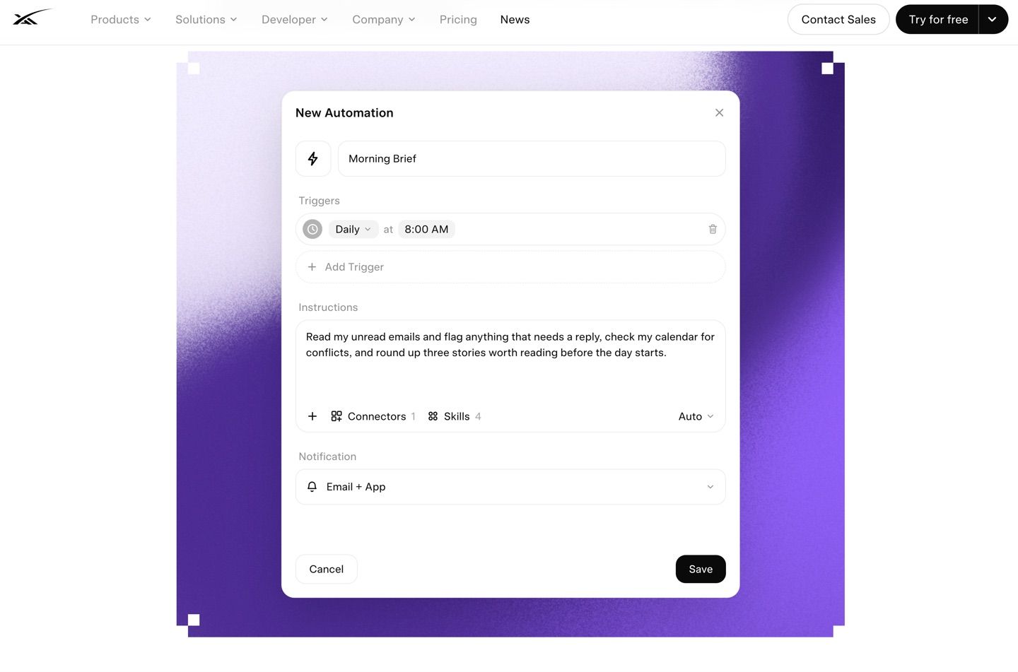 Grok's New Automation dialog showing a daily 8:00 AM trigger, saved instructions, connectors, and notification settings