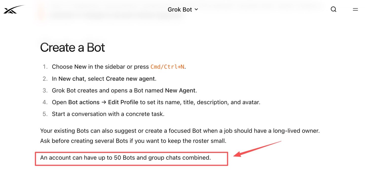xAI's Grok Bot documentation stating that an account can have up to 50 Bots and group chats combined