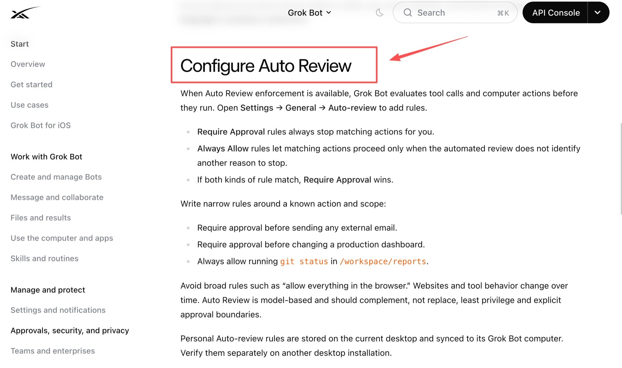 The Configure Auto Review section of the xAI docs, showing how Require Approval and Always Allow rules interact