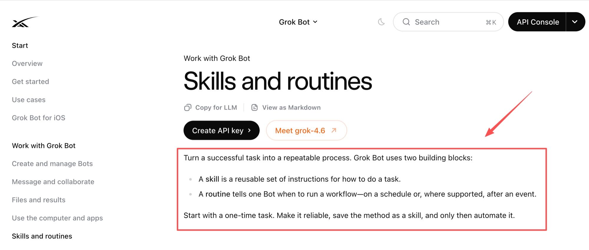 The xAI docs page for skills and routines, showing the sequence xAI recommends: make a one-off task reliable, save it as a skill, then automate it