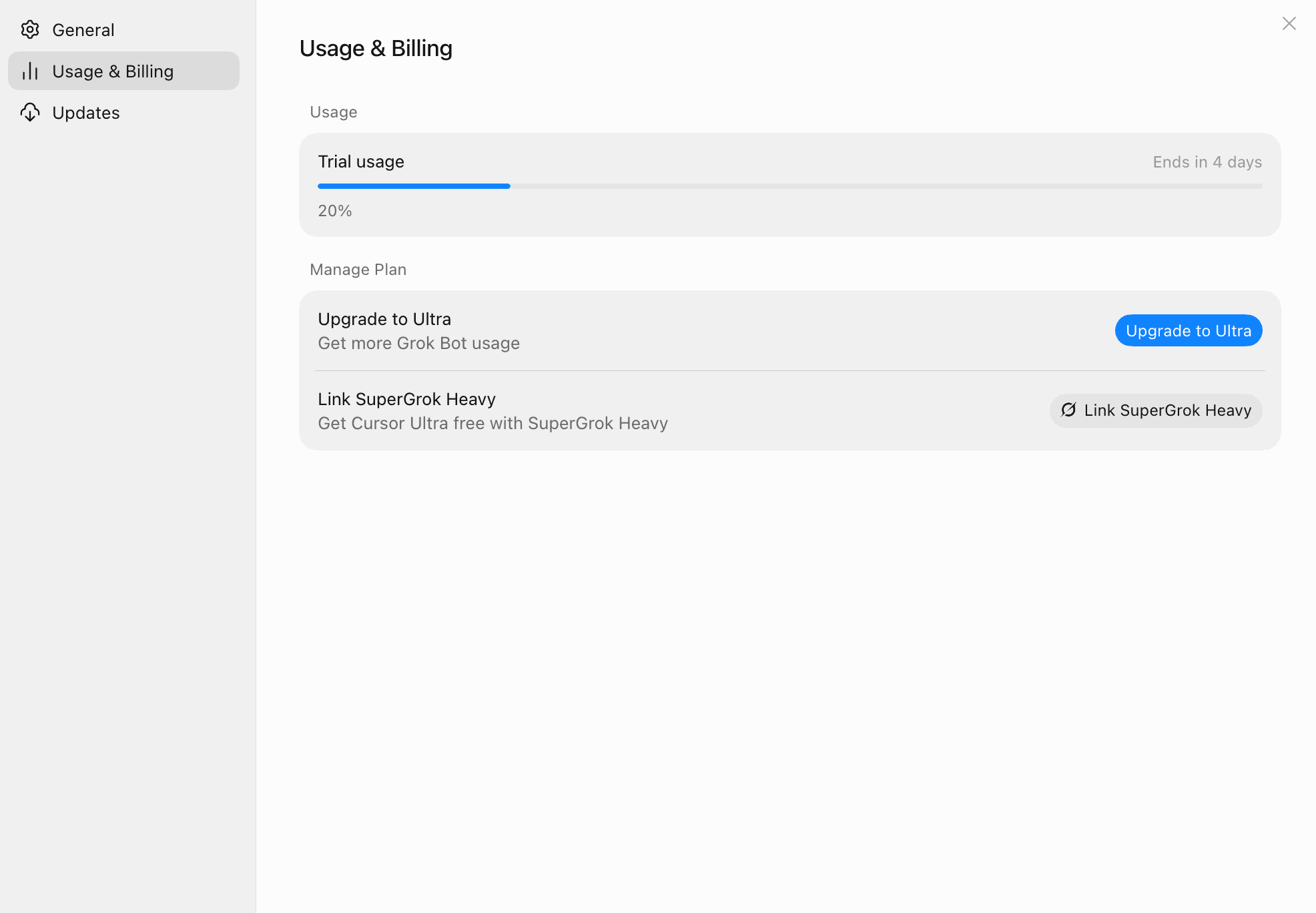 Grok Bot Usage and Billing: Link SuperGrok Heavy to get Cursor Ultra free; trial usage at 20 percent with 4 days left