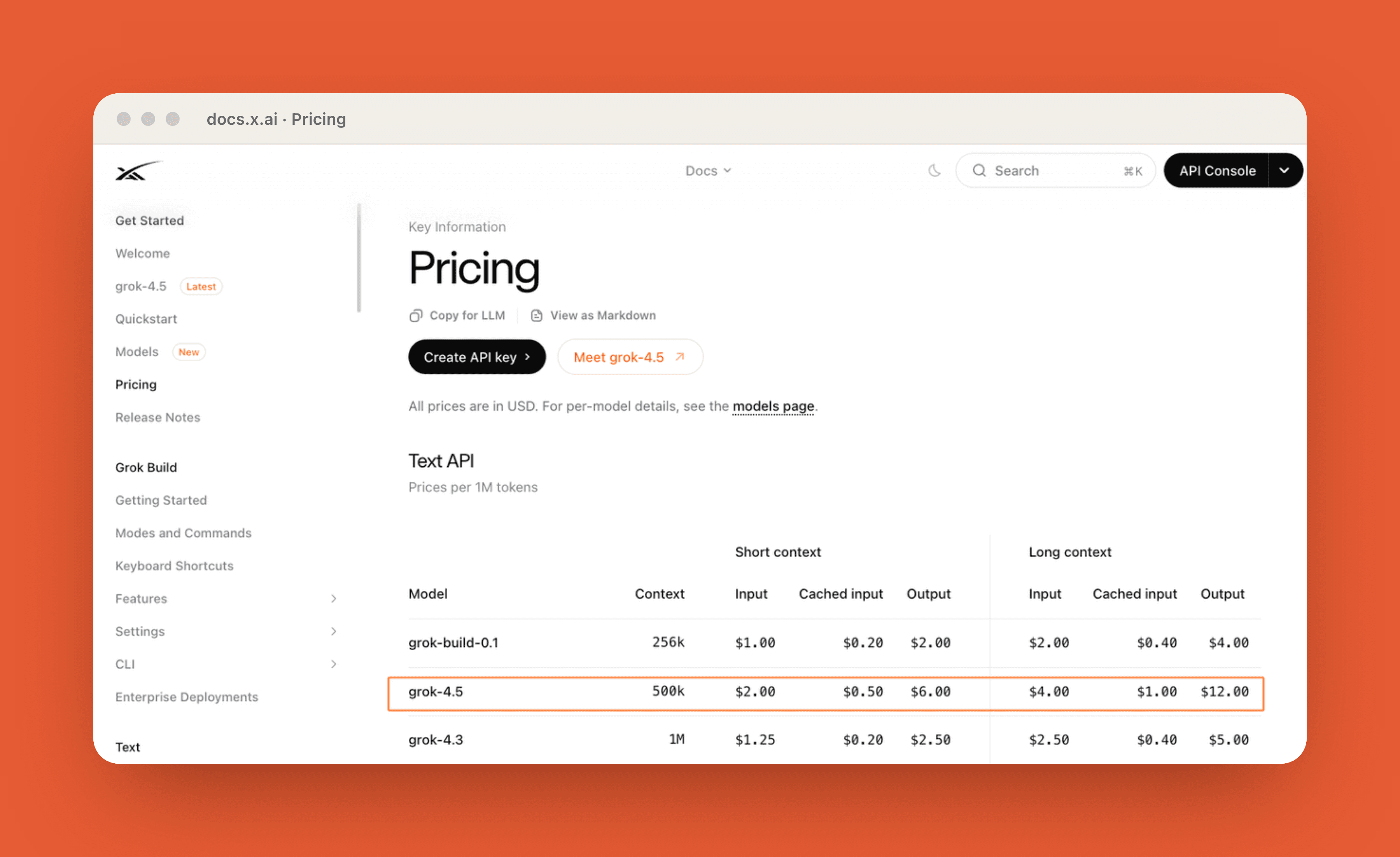 xAI's pricing page: Grok 4.5 short-context versus long-context token rates