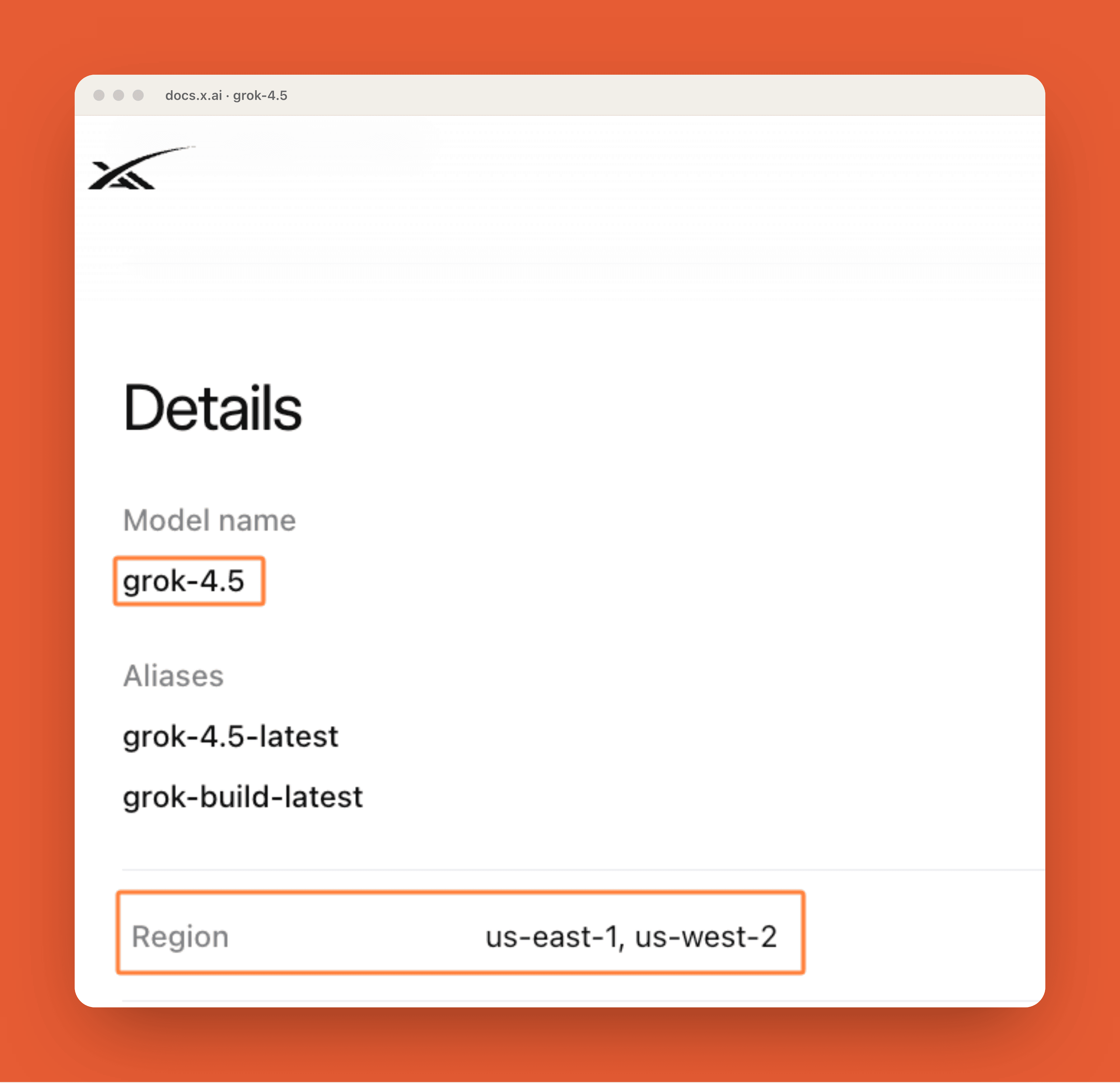 xAI's model page lists Grok 4.5 in US regions only — us-east-1 and us-west-2