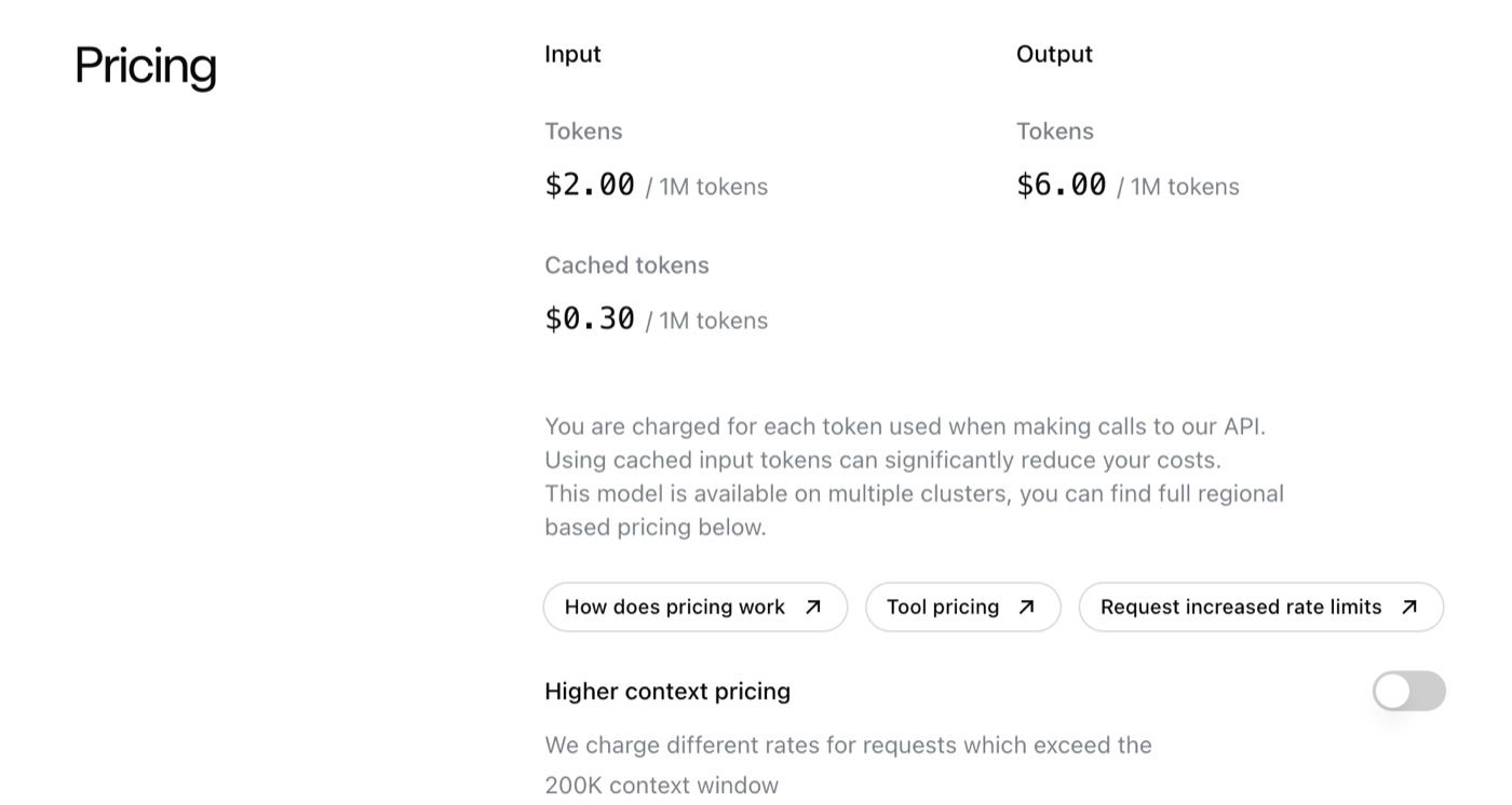 SpaceXAI pricing for Grok 4.5 showing $2 input and $6 output per million tokens, plus higher-context pricing above 200k