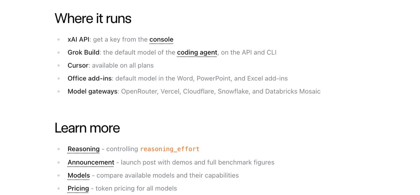 SpaceXAI docs listing where Grok 4.5 runs: API, Grok Build, Cursor, Office add-ins, and model gateways