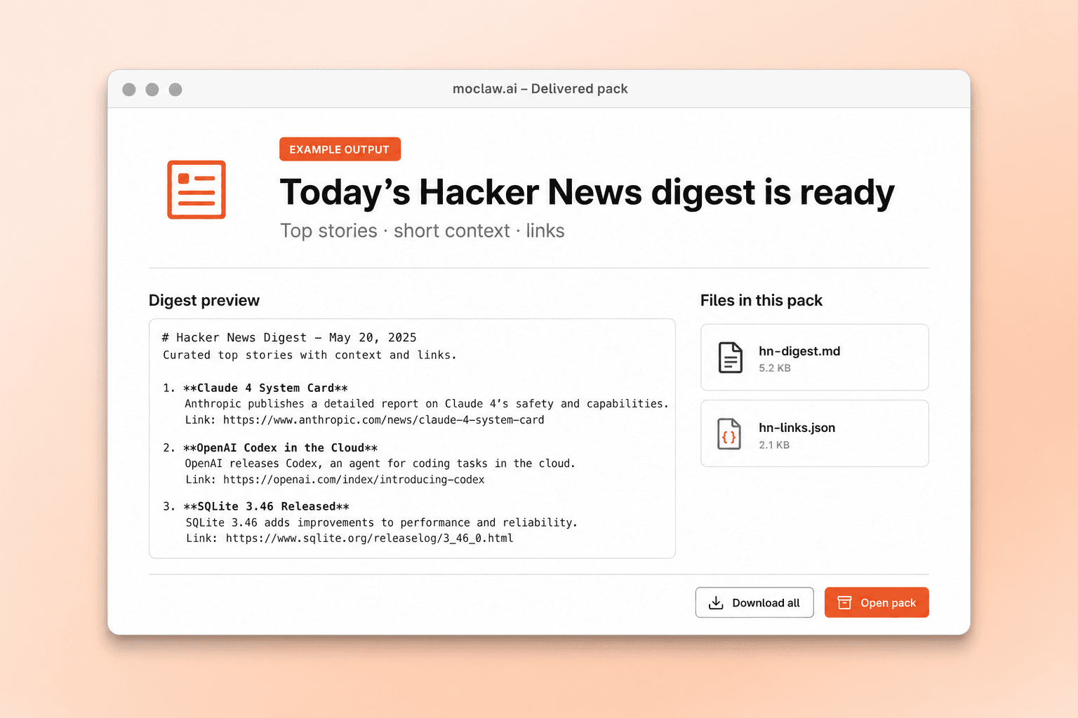 Delivered Hacker News digest markdown file with story summaries and links