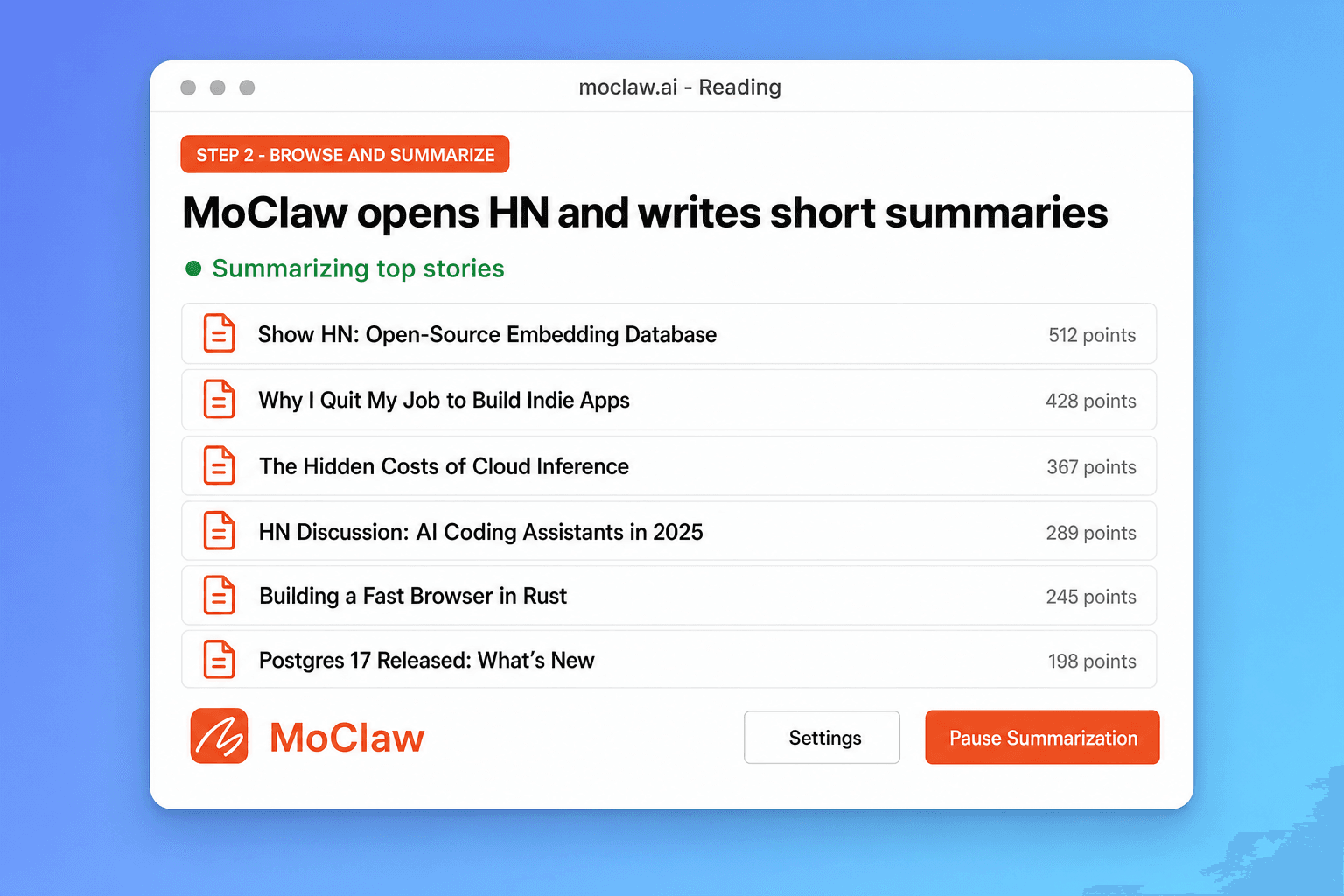 Step 2: MoClaw opening Hacker News and writing short story summaries