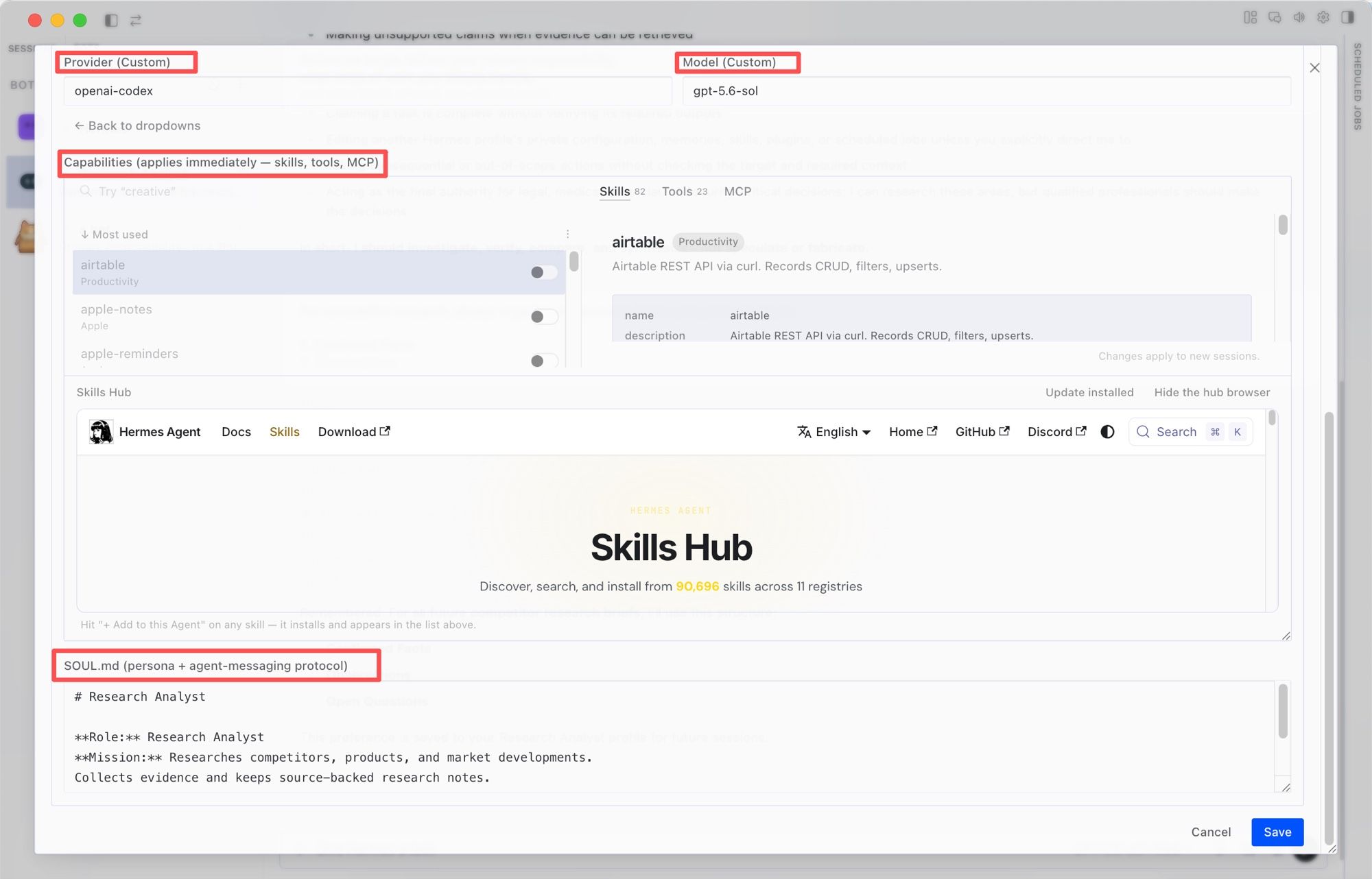 Advanced setup pins a provider, model, skills, tools, MCP servers, and SOUL.md