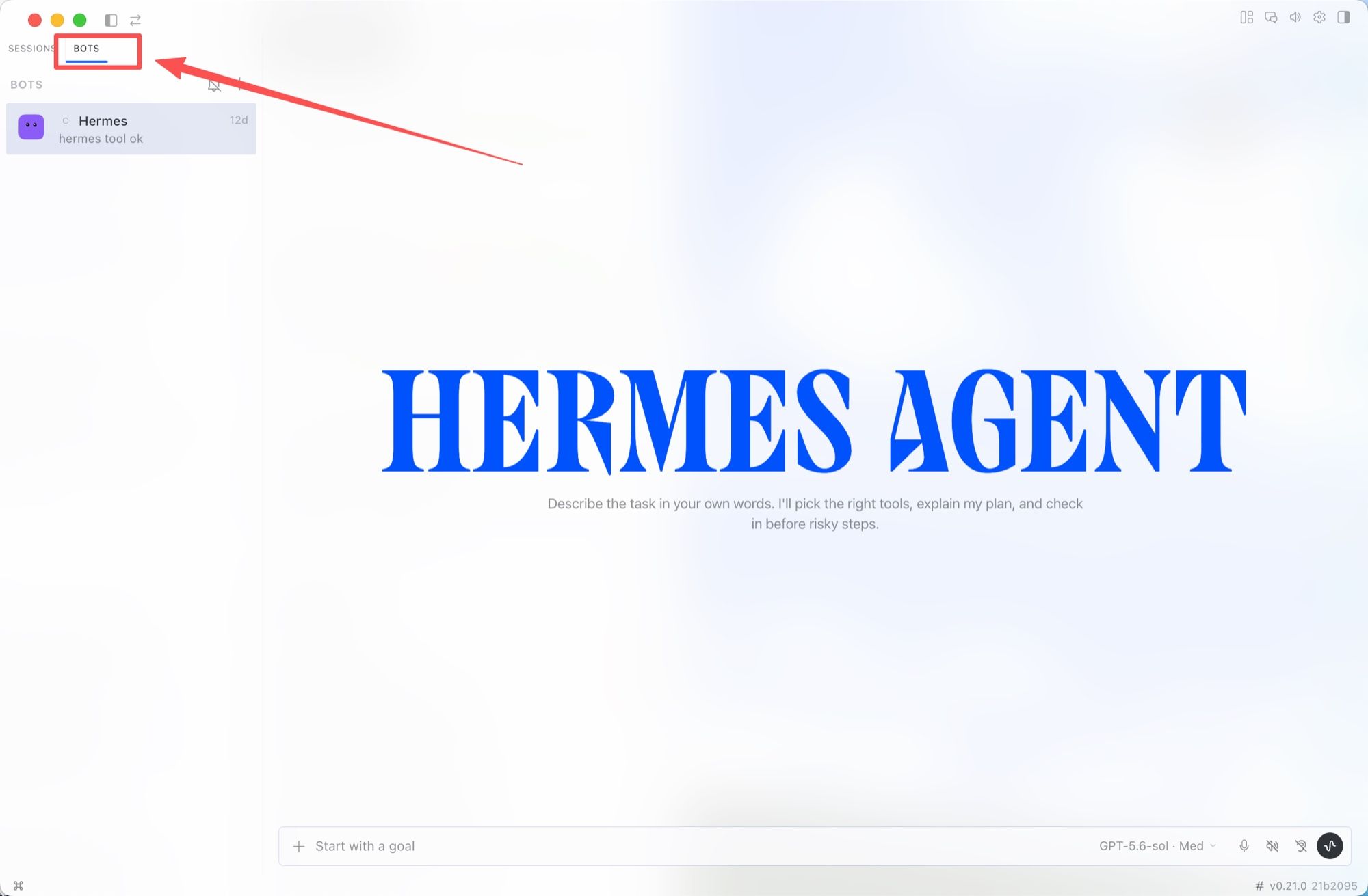 The Bots tab sits beside Sessions in the Hermes Desktop sidebar