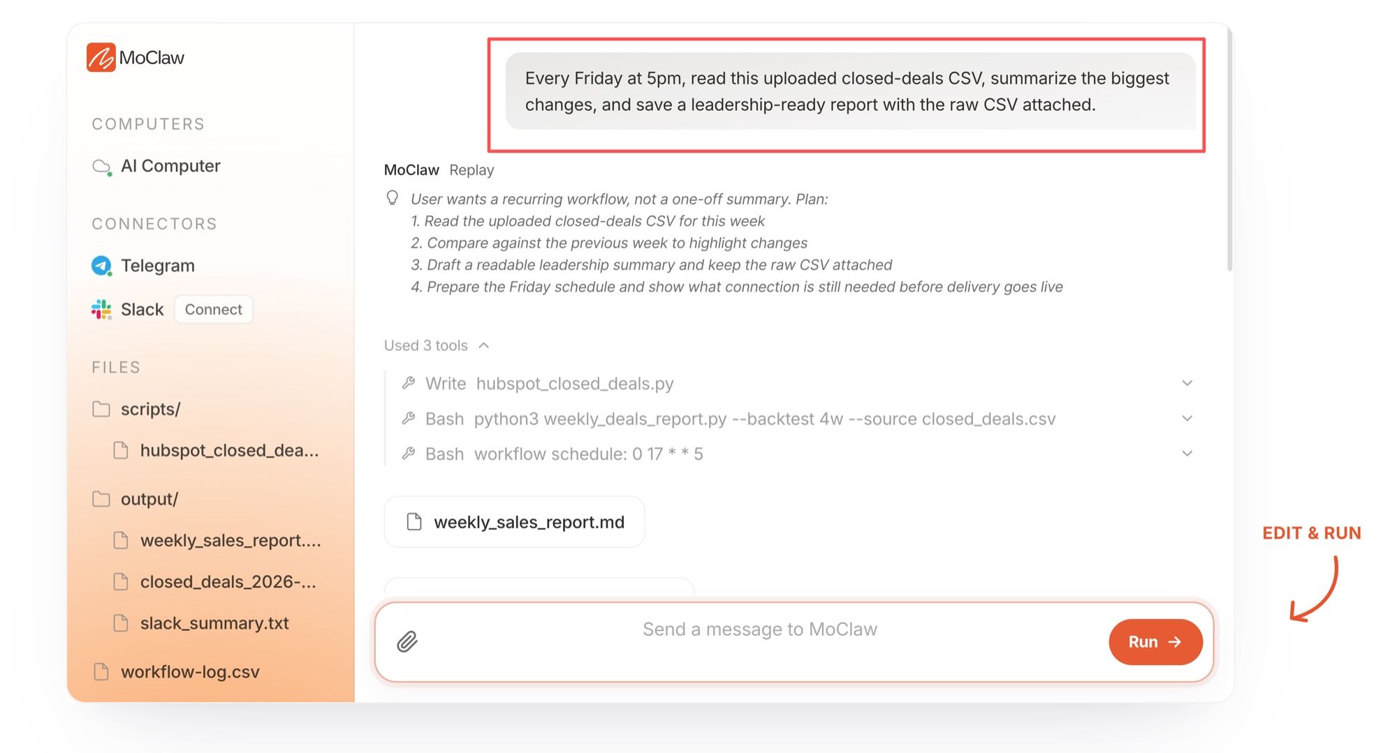 The same weekly report on a managed runtime, scheduled only after a manual run