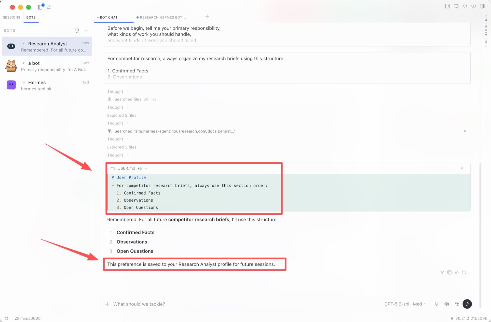 A stated preference is written to USER.md and saved to the Research Analyst profile