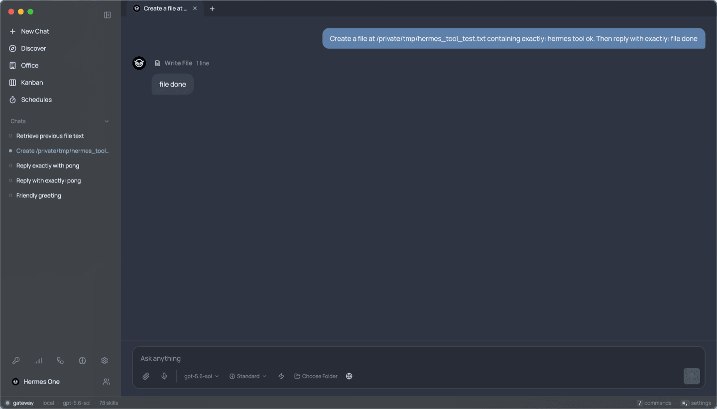 The file-tool task in Hermes Desktop: one prompt, one Write File call, and the exact reply "file done". The status bar shows the local gateway, gpt-5.6-sol, and 78 bundled skills.