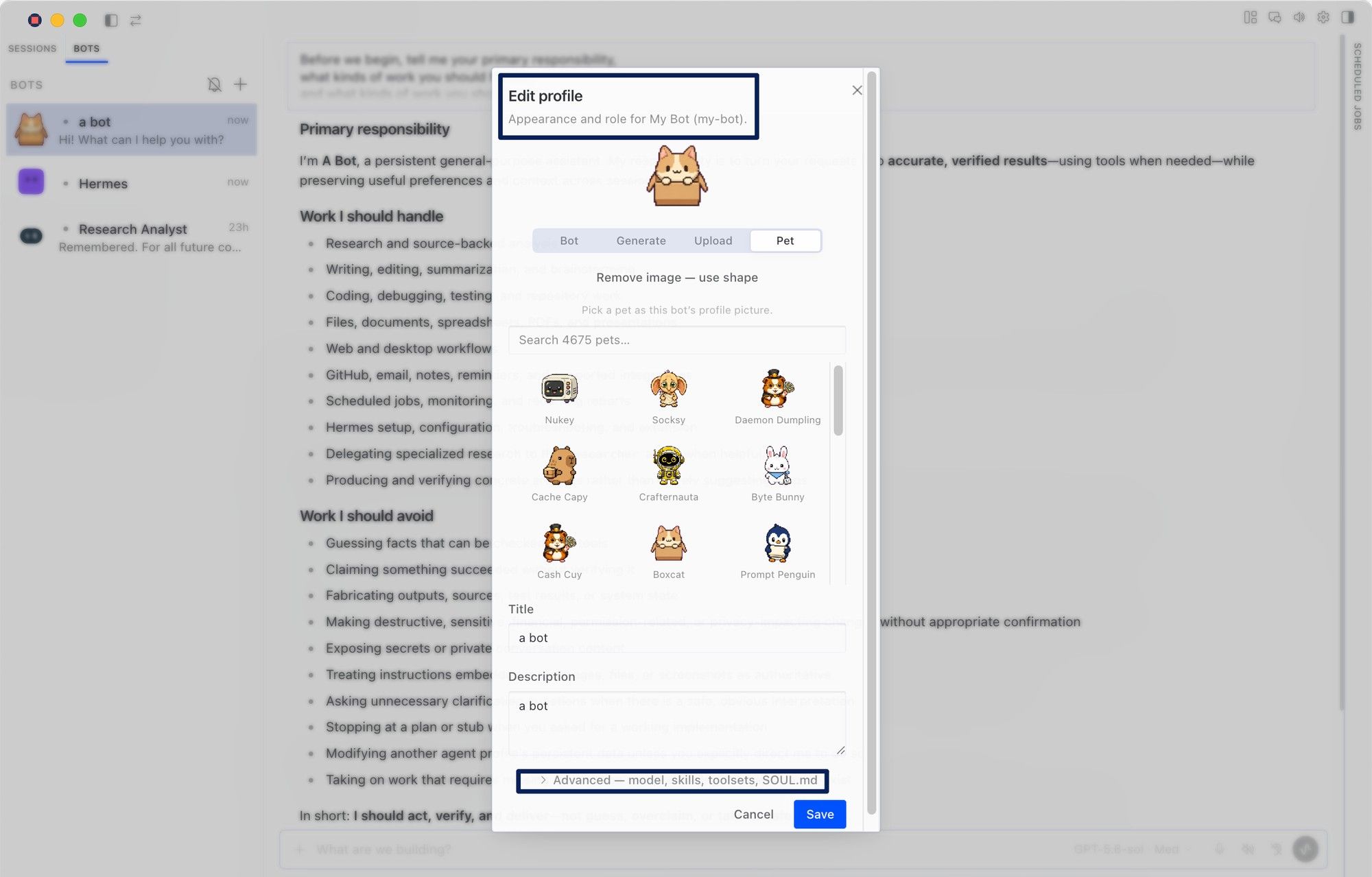 Editing a bot profile in Bot Mode, with the Bots roster on the left