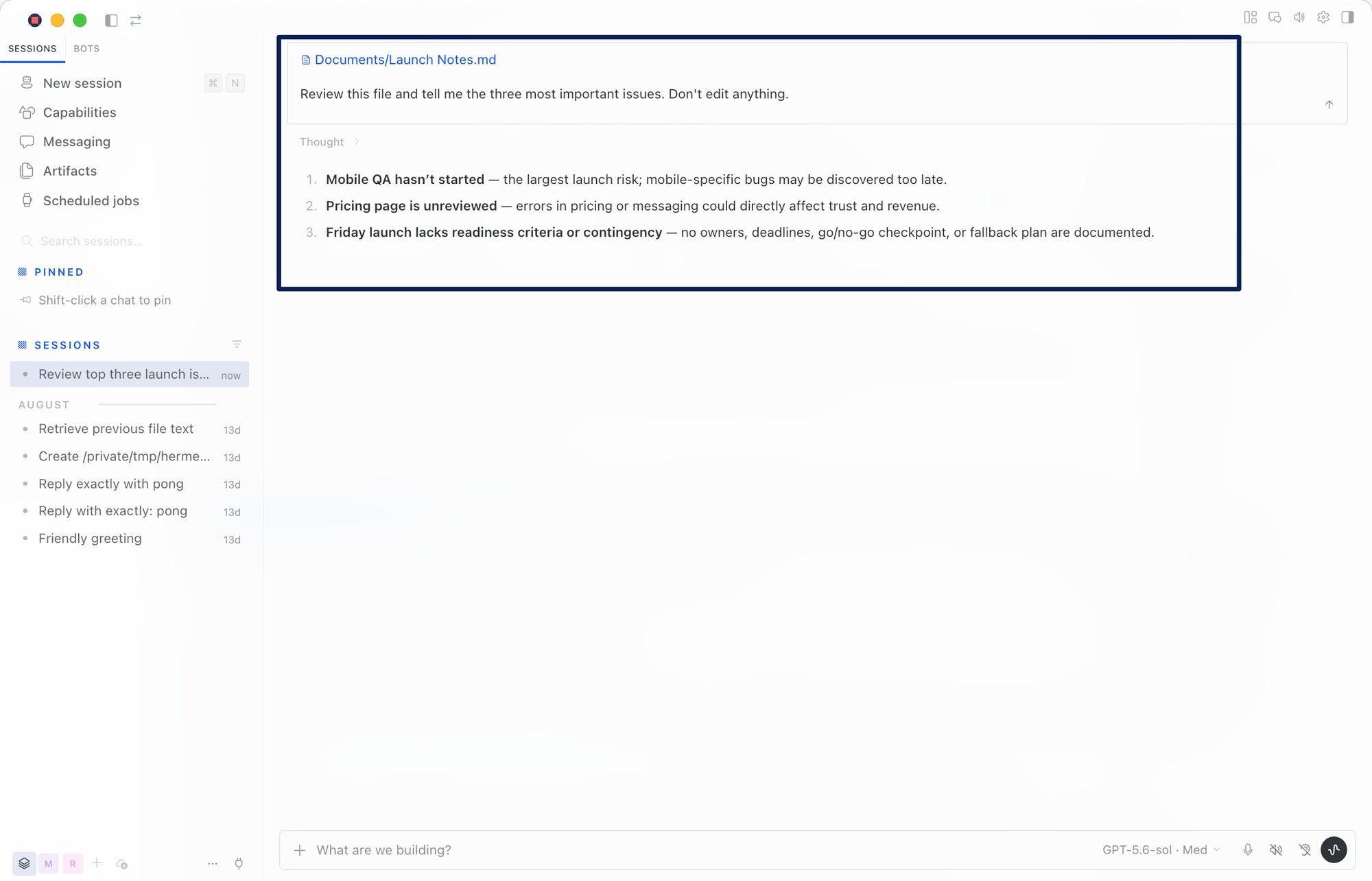 A regular Hermes Desktop session handling a single one-off file review