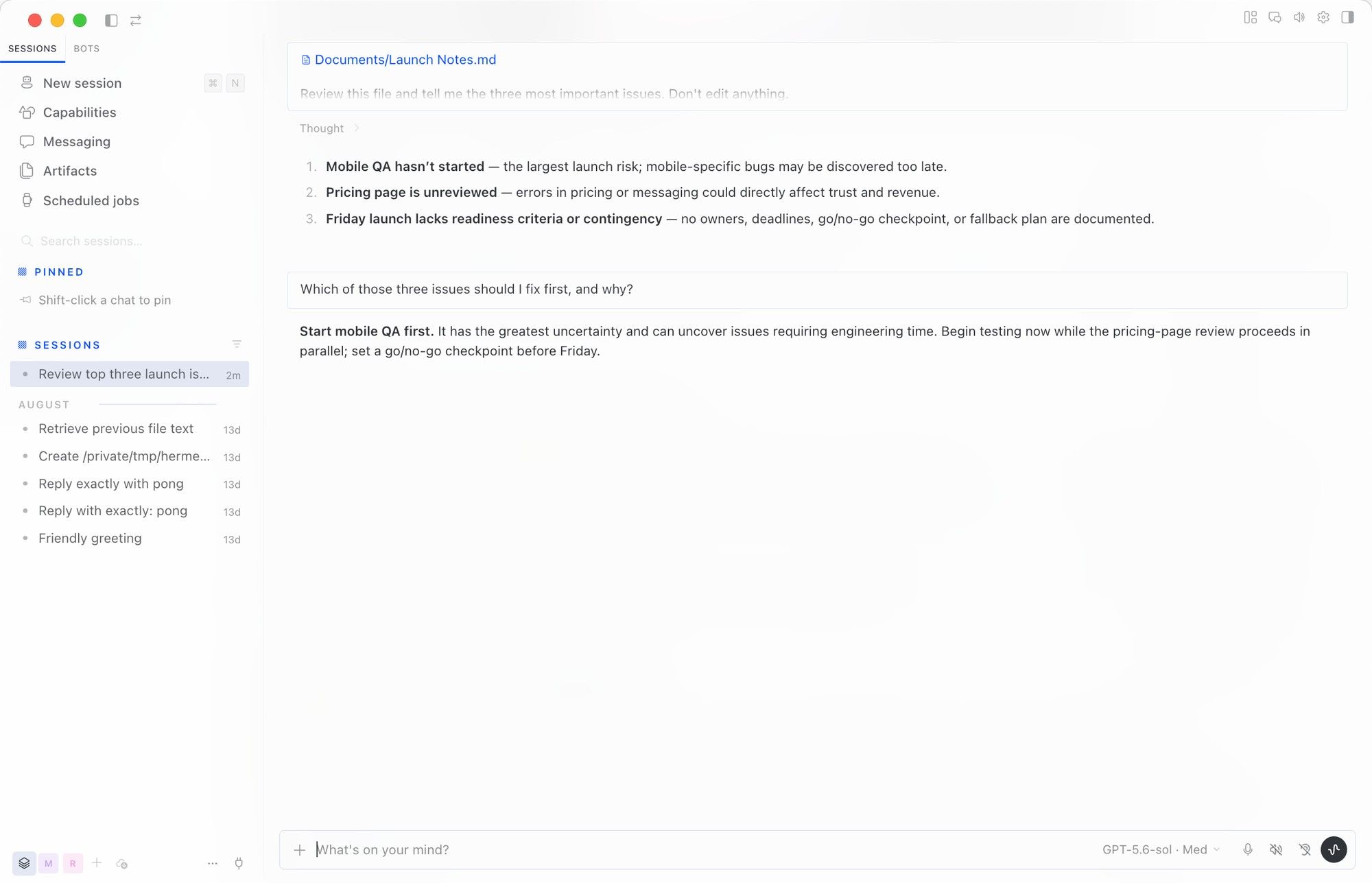 The Hermes Desktop sidebar with sessions, capabilities, artifacts and scheduled jobs