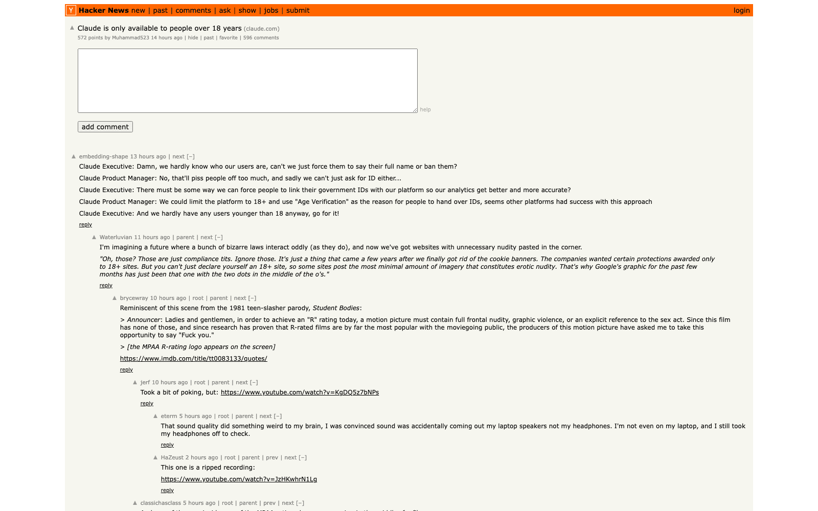 The Hacker News thread that put Anthropic's age policy in front of a much larger audience on 11 September 2026, at 572 points and 596 comments