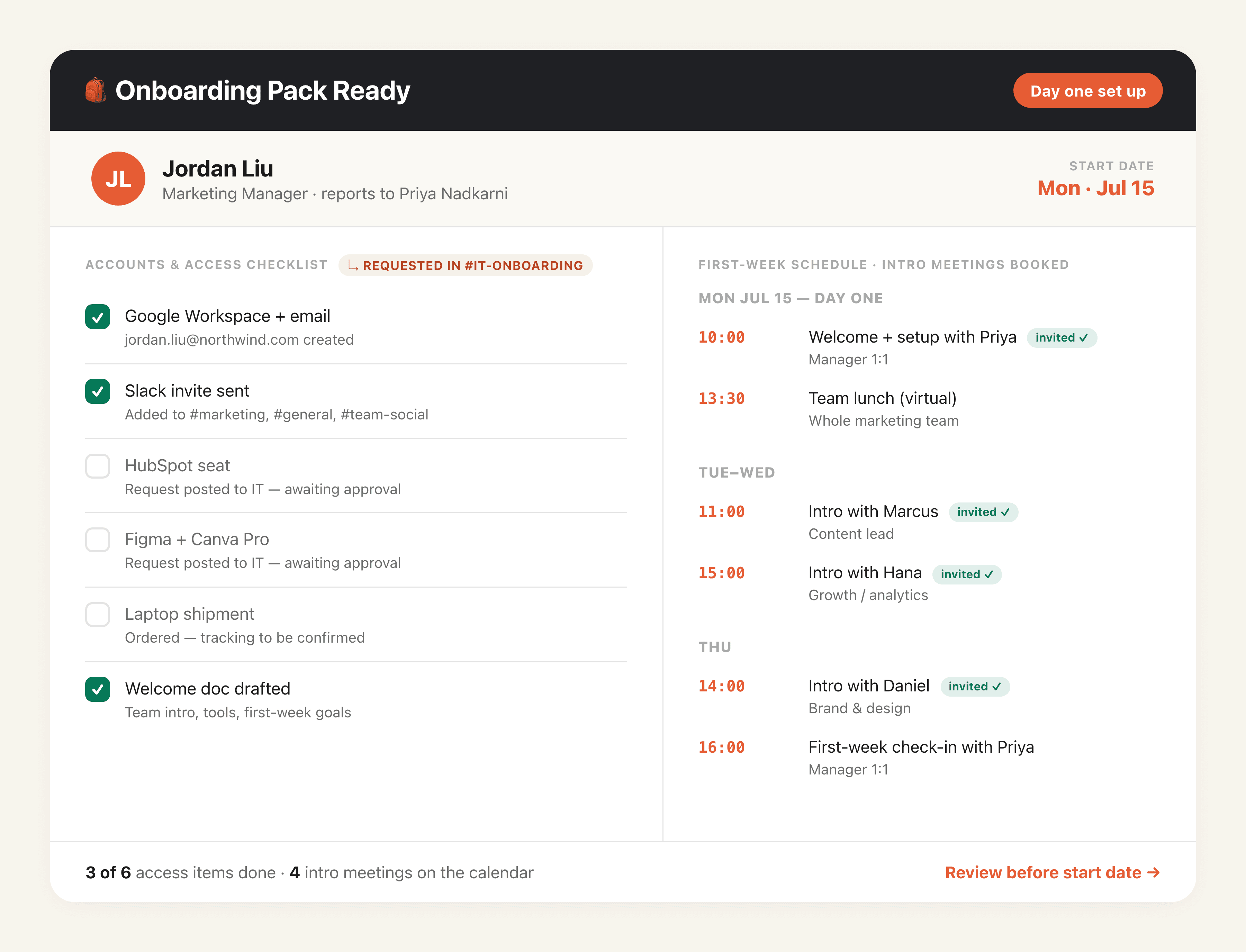 New Hire Onboarding Pack output preview