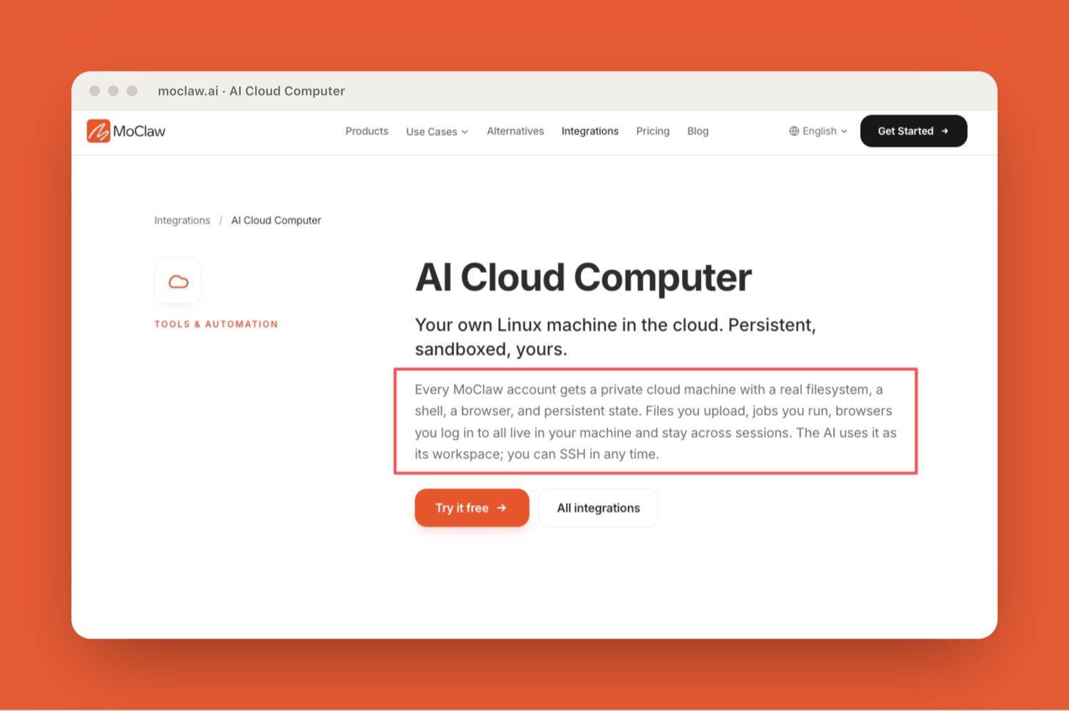 MoClaw's AI Cloud Computer keeps files, browser state, and review history in one persistent workspace.