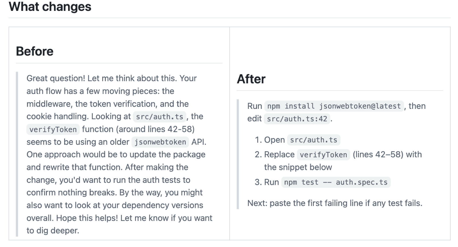 The i-have-adhd README's own before and after, captured August 12, 2026: a paragraph of hedging on the left, three numbered steps and a file reference on the right.
