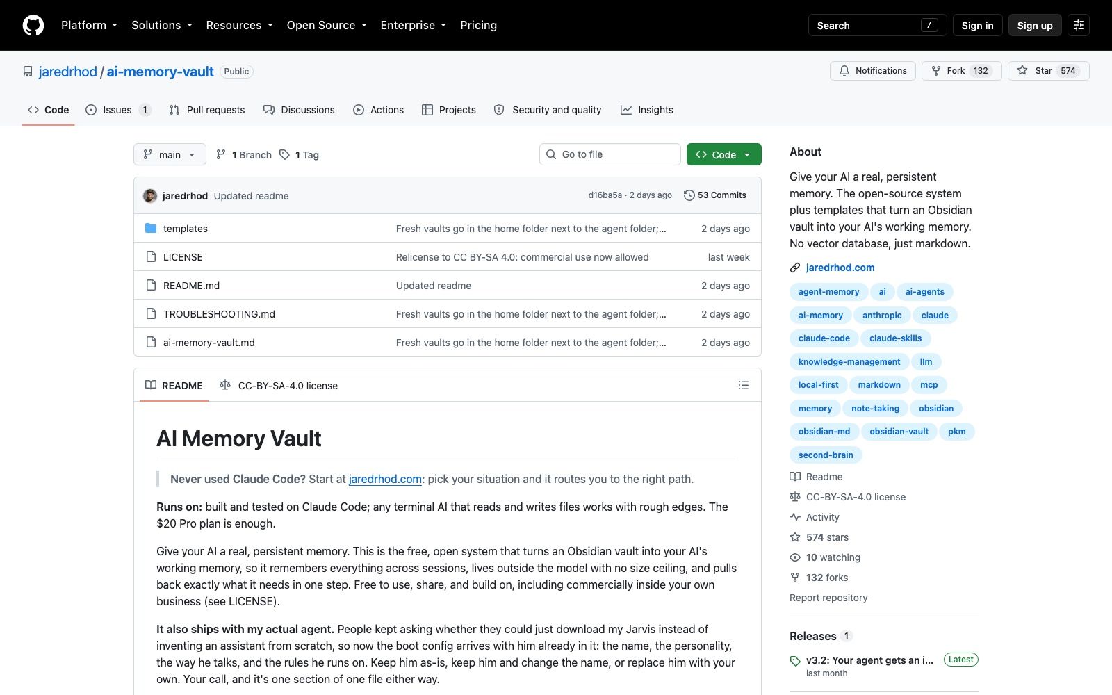 The ai-memory-vault repository on GitHub, showing 574 stars, 132 forks and the CC-BY-SA-4.0 licence after its relicensing commit