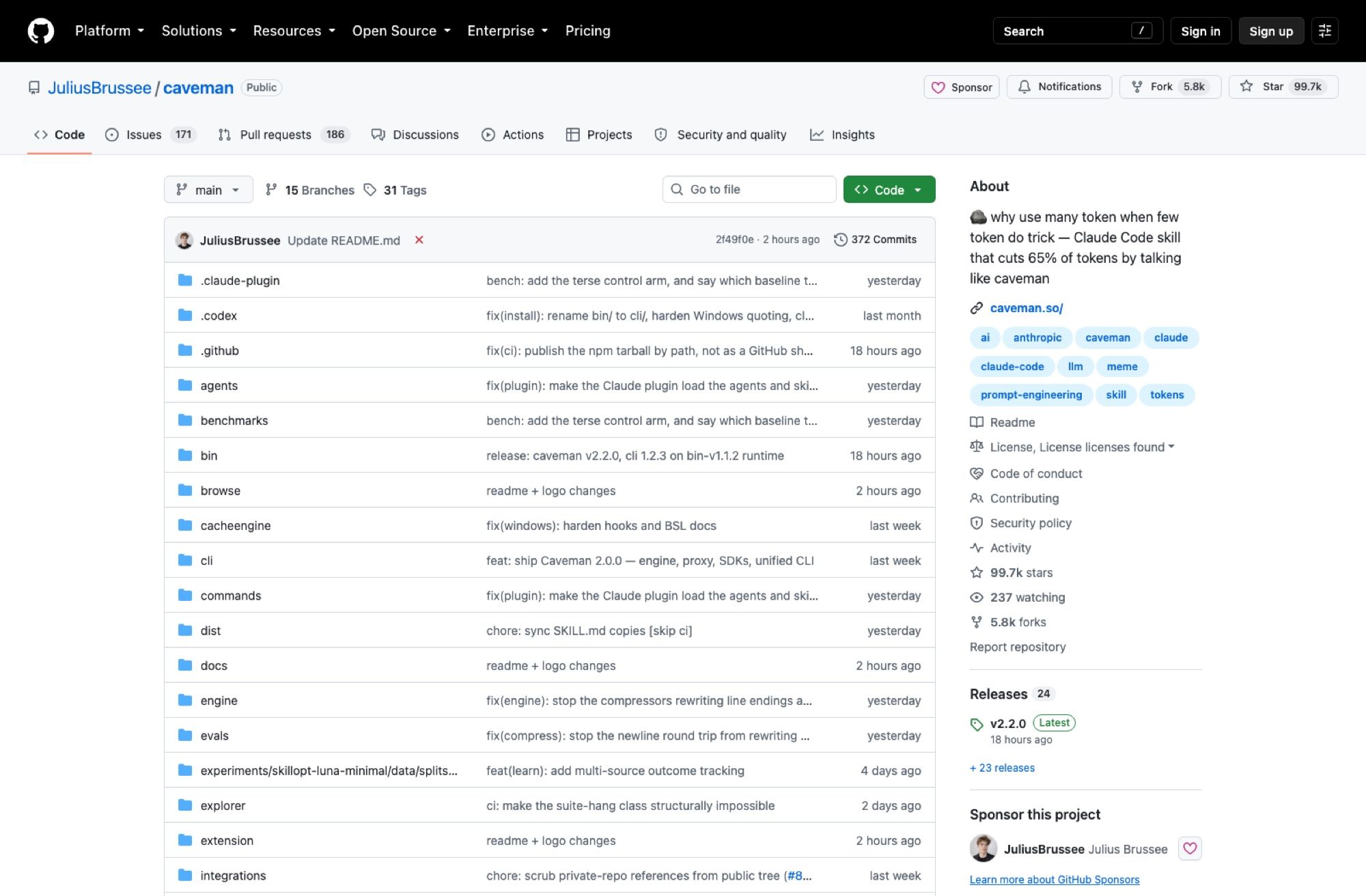 The JuliusBrussee/caveman repository on 21 August 2026: 99.7k stars, 5.8k forks, 372 commits, 24 releases with v2.2.0 tagged eighteen hours earlier, and a licence line reading "License, License licenses found" rather than a single named licence.