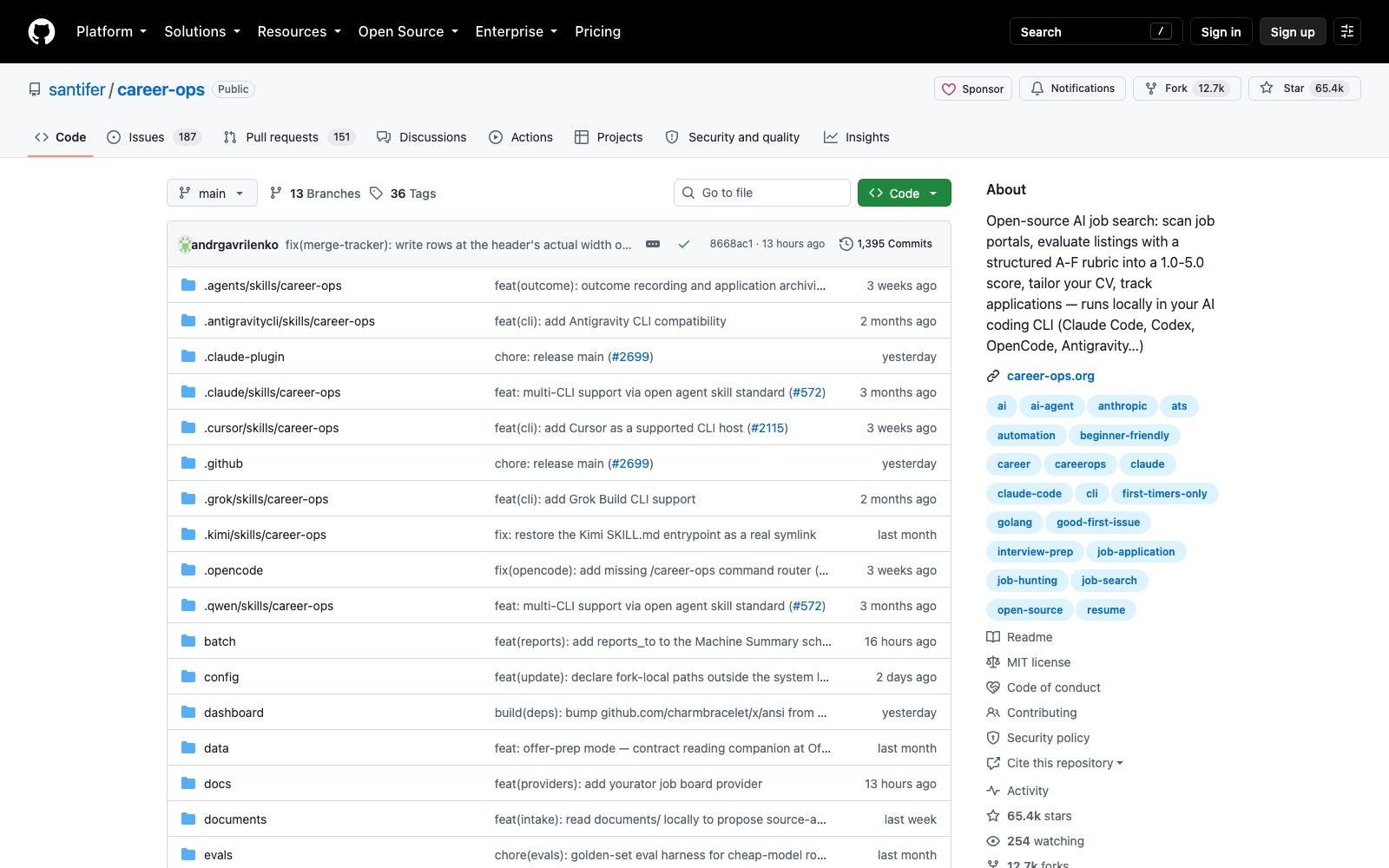 The santifer/career-ops repository on GitHub, 19 August 2026: 65.4k stars, 12.7k forks, 254 watching, MIT licence, and per-CLI skill directories for .claude, .cursor, .grok, .kimi, .opencode, .qwen and .antigravitycli sitting at the top of the tree.