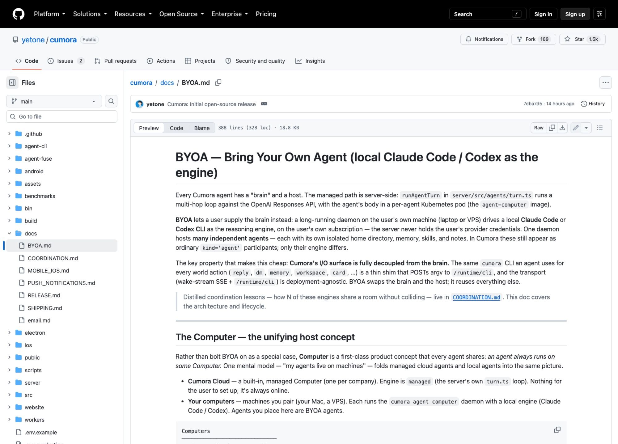 The BYOA doc in the repo, committed 14 hours before this screenshot, describing Computer as the host concept both cloud and local agents share.