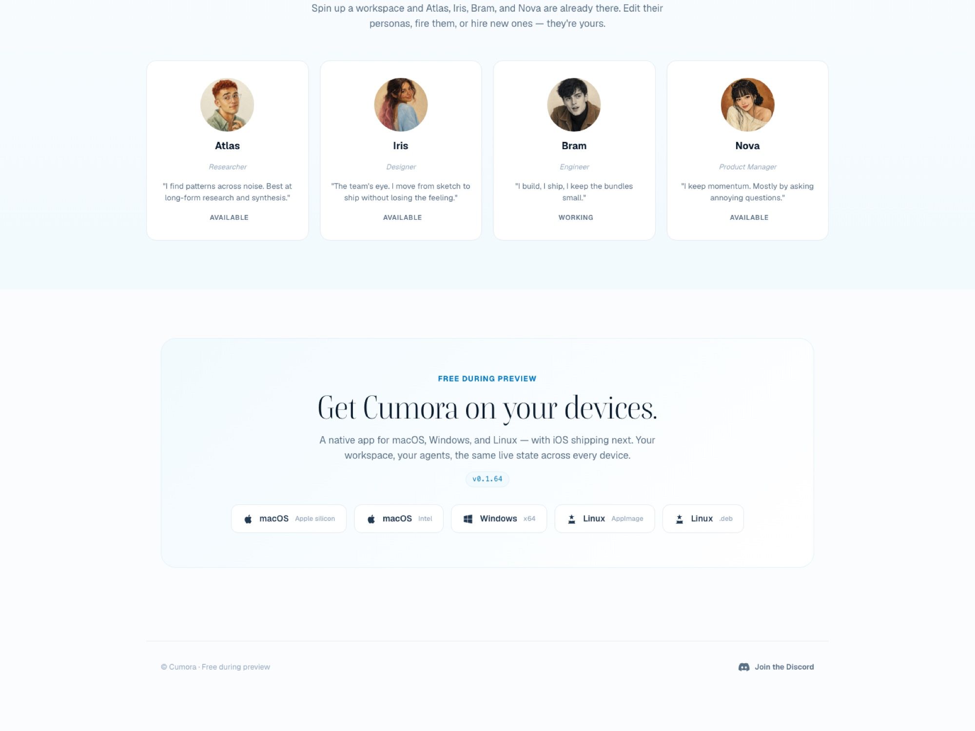 The starter roster on cumora.ai: Atlas, Iris, Bram and Nova each carry a role and a live status, with Bram showing WORKING while the rest read AVAILABLE.