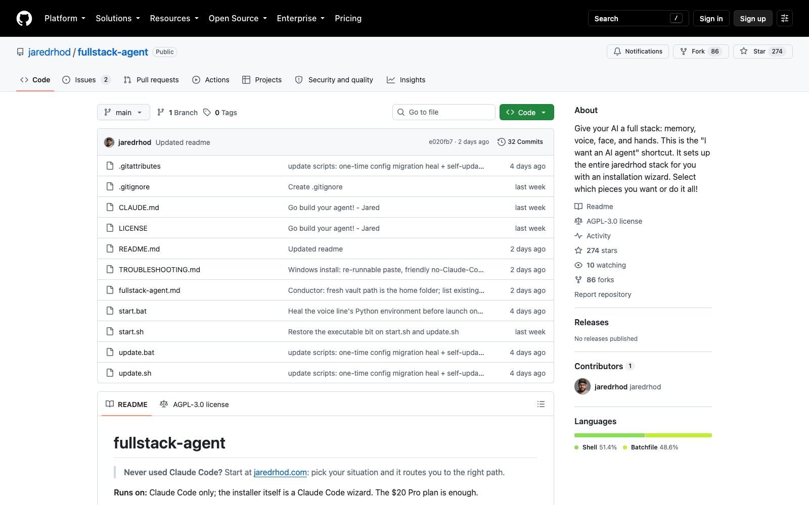 The fullstack-agent repository on GitHub, showing the AGPL-3.0 licence, 32 commits and no published releases