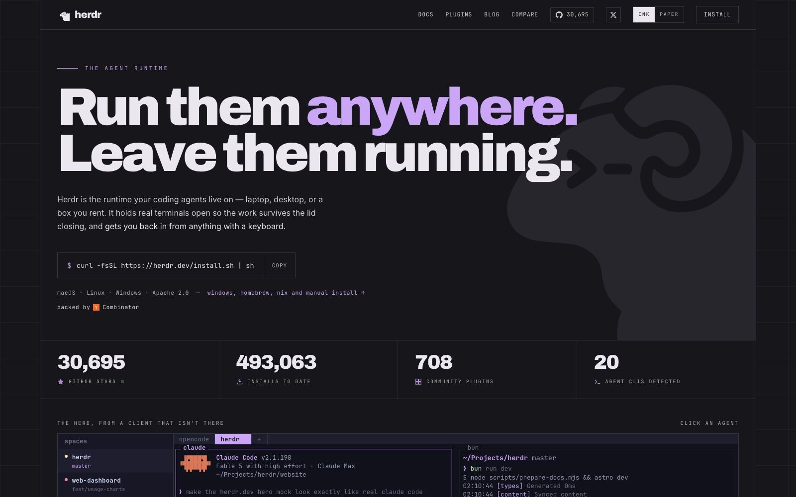 Herdr on 20 August 2026: 30,695 GitHub stars, 493,063 installs, 708 community plugins, 20 agent CLIs detected, Apache 2.0, and builds for macOS, Linux and Windows.