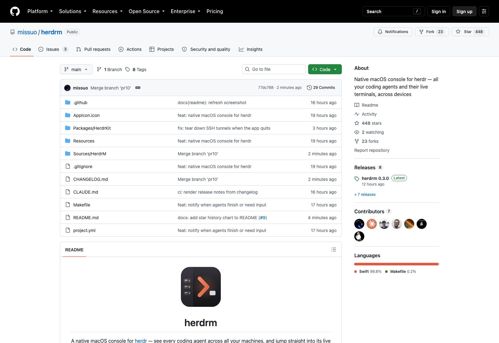 The missuo/herdrm repository on 20 August 2026: 448 stars, 23 forks, 29 commits, seven contributors, eight releases with 0.3.0 tagged twelve hours earlier, and 99.8% Swift.