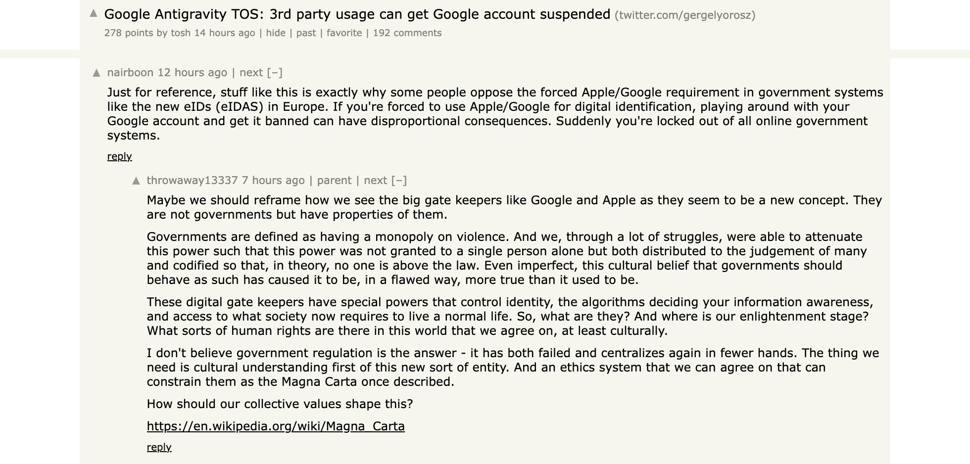 The Hacker News submission that pushed the issue onto Google's radar, still carrying the pre-update reading of the clause at 278 points and 192 comments (captured 2026-09-04)