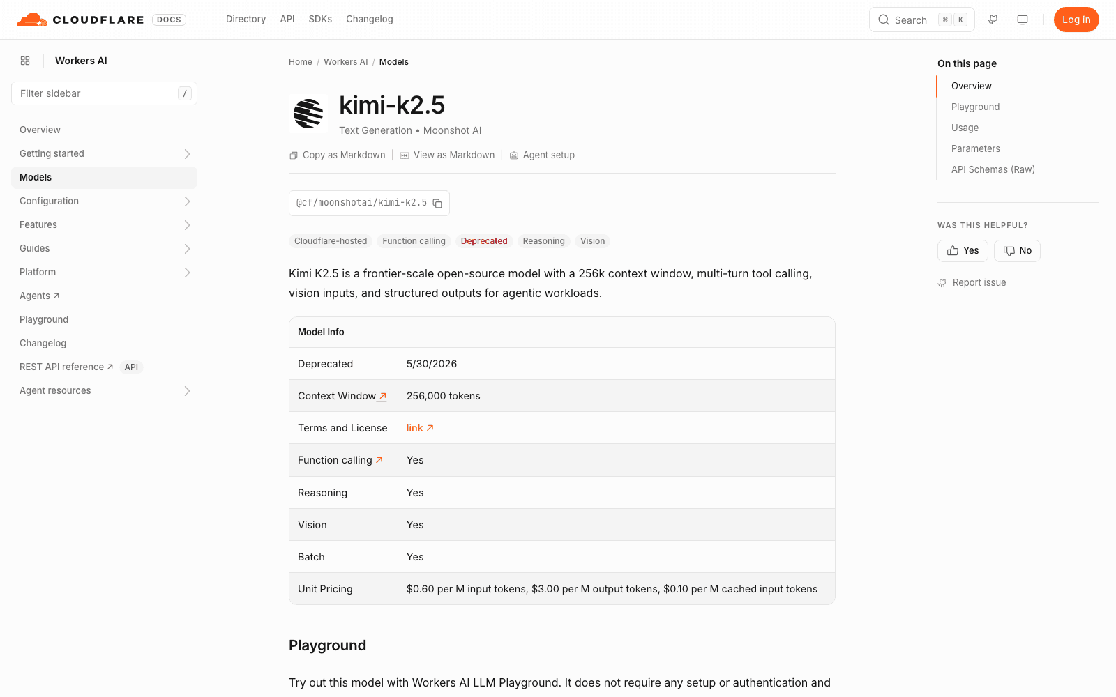 The Cloudflare Workers AI model page for kimi-k2.5, tagged Deprecated with a date of 30 May 2026, listing a 256,000 token context window and pricing of $0.60 per million input tokens and $3.00 per million output tokens.