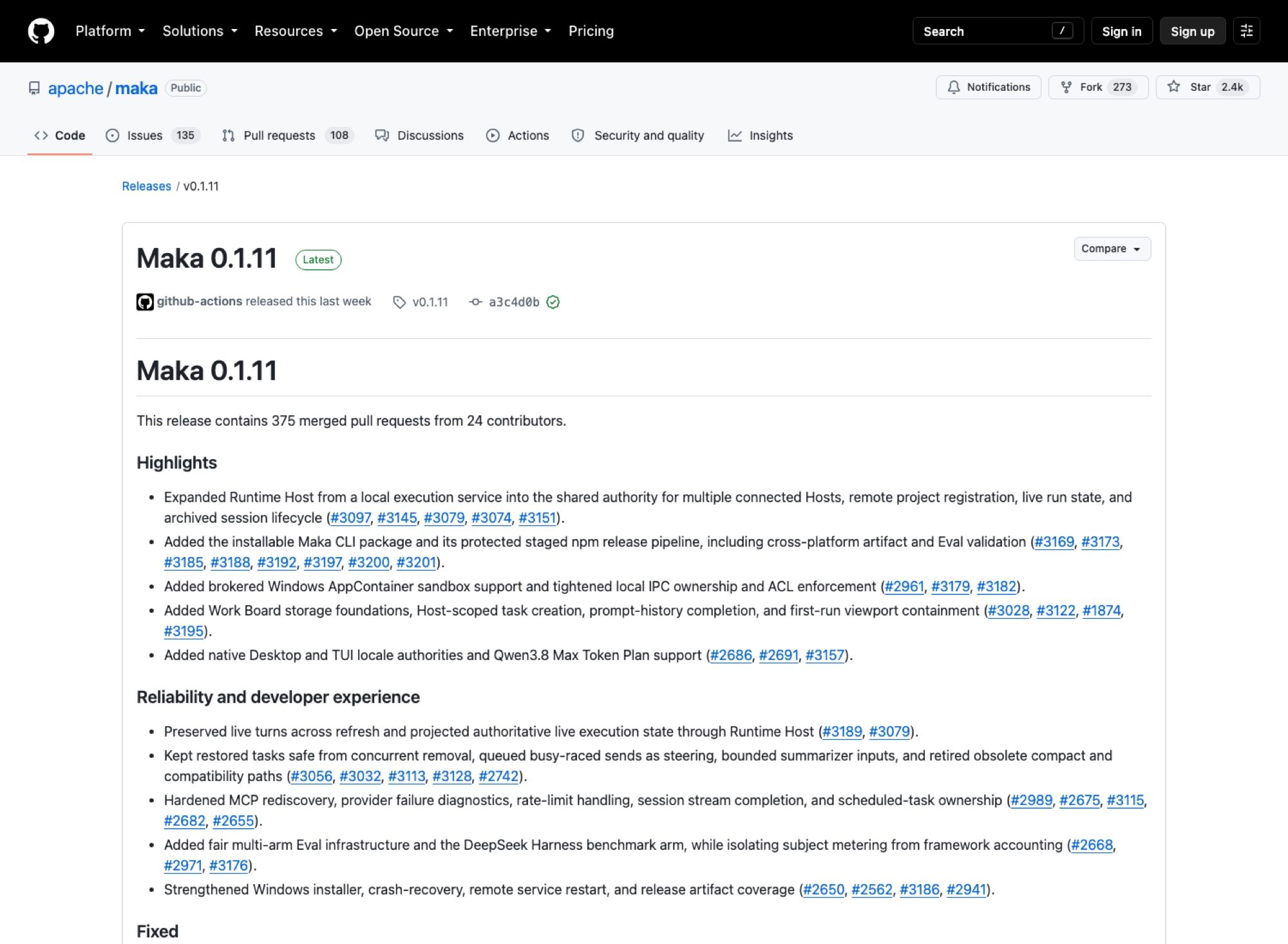 Apache Maka 0.1.11, released 18 August 2026: 375 merged pull requests from 24 contributors, with Runtime Host promoted to shared authority and a brokered Windows AppContainer sandbox.