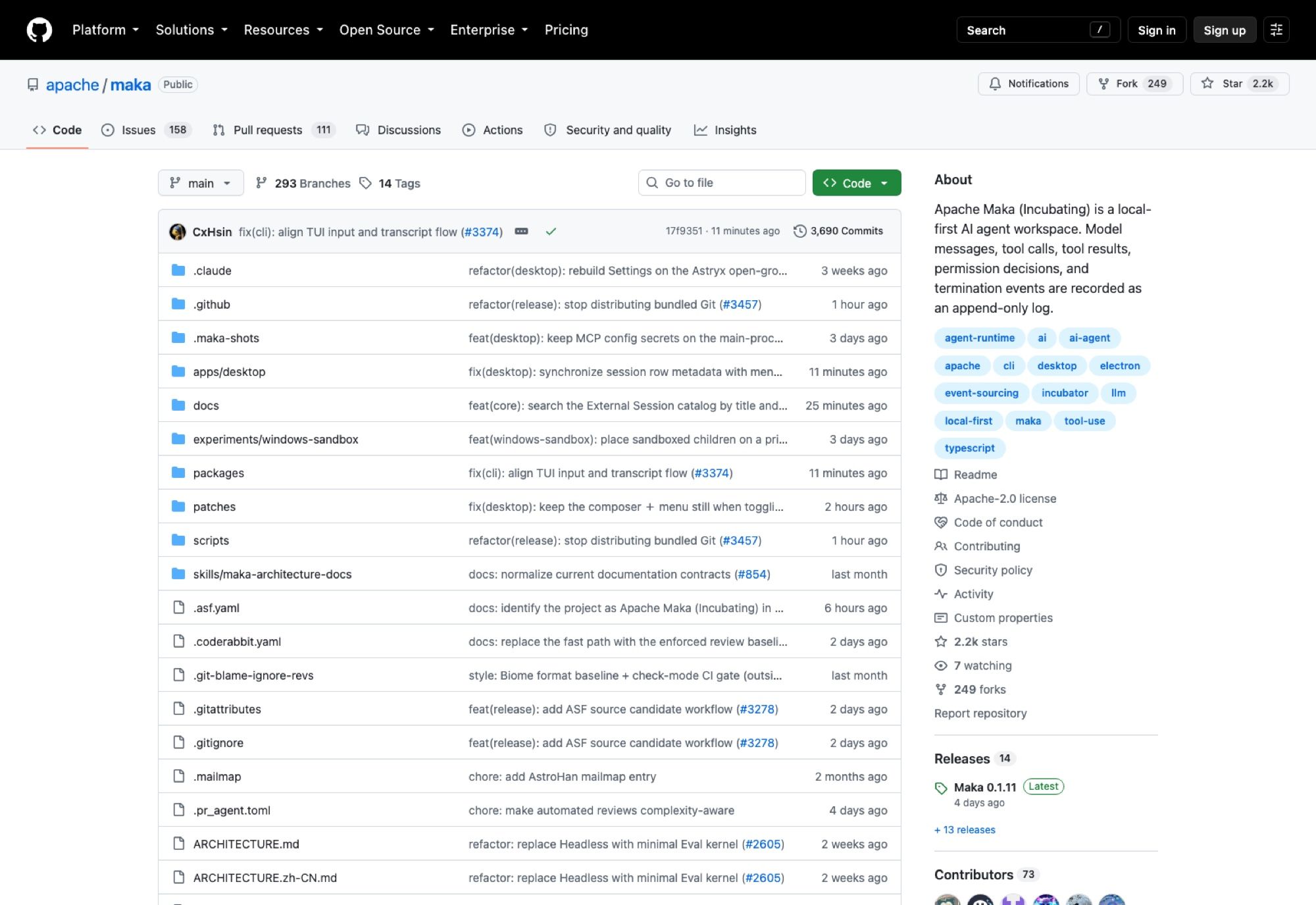 The apache/maka repository on 22 August 2026: Apache-2.0, 73 contributors, and repo topics that name the design directly, including event-sourcing, local-first and incubator.
