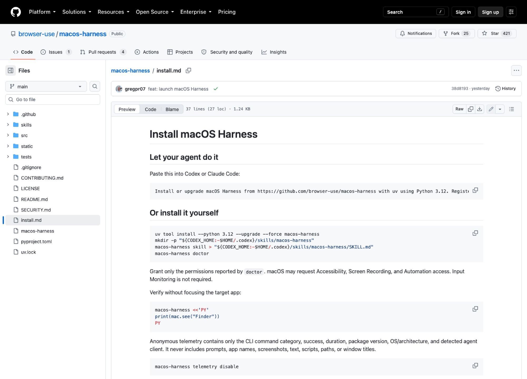 The install path from install.md: uv tool install, a generated SKILL.md written into the agent's skills directory, then doctor to report which macOS permissions are still missing.